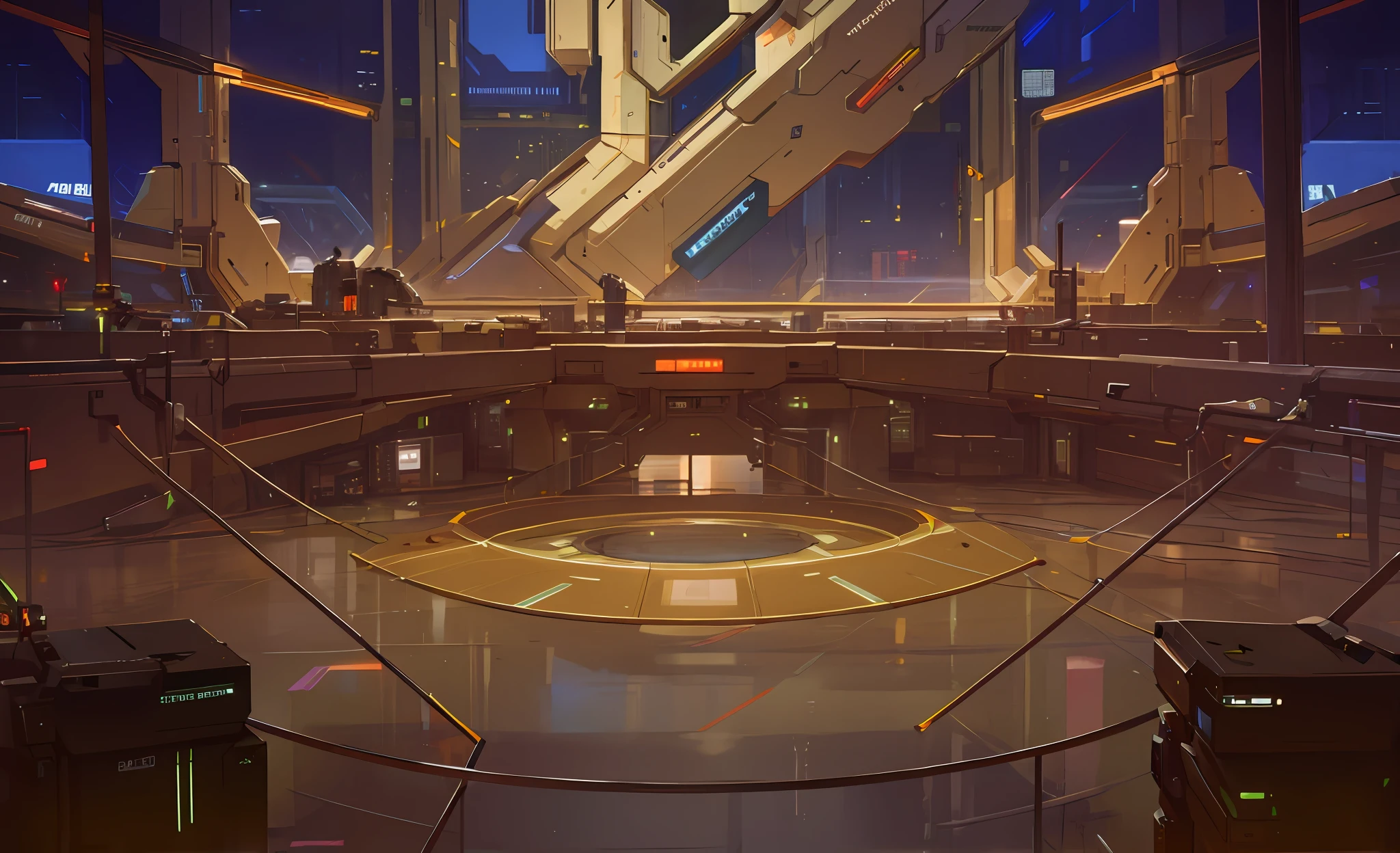 Cyberpunk, indoor scene, science fiction scene, full of technology, empty ground, modern, detailed, glass, HD,