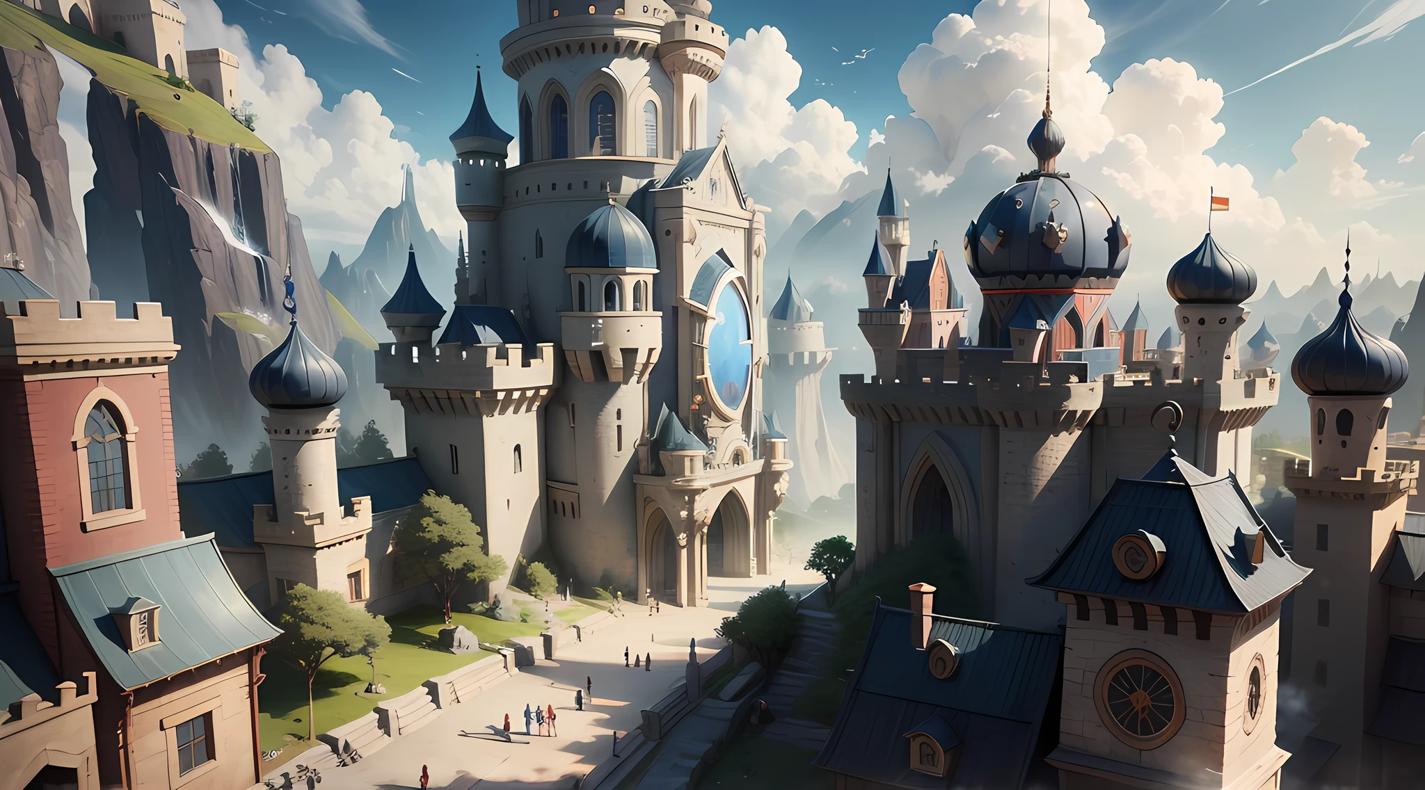 Cartoon style, polygon, game scene atmosphere map, pixar style, exaggerated design, fantasy, knight in white and black hat, imperial city, noble coronation, full traffic, flagpole, castle vista, fish flying in the sky, royal guard, salute music, crowds, pets are watching, casual play style, low poly, lowpoly, best detail, cartoon style, 3d, masterpiece, best quality, unreal engine, cartoon rendering, 8K --auto --s2