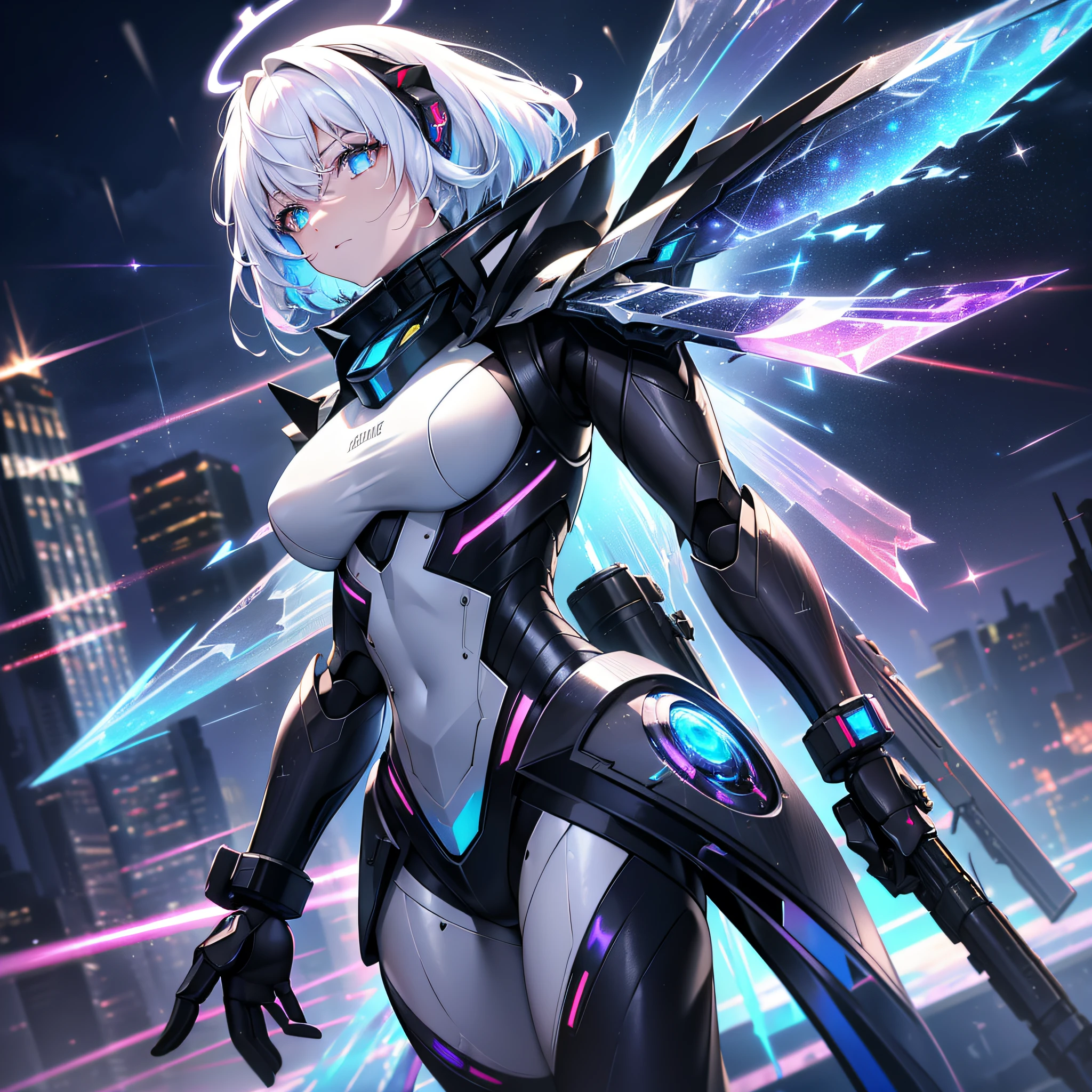 masterpiece, best quality, dramatic angle, ( Holographic, Rainbow, Opal, Vibrant Colors, Colorful), (Halo, Halos, Glowing Eyes, Gradient_Eyes, Glowing Aura, Glowing Energy, Glowing Digital Markings, Glowing Cyber Markings), (professional award-winning cinematic masterpiece), best quality, Symmetrical, Futuristic, sci-fi, aerodynamic, 1Girl, alternate eye color,sharp blade, transistor, emitting fluorescence, disheveled hair,long hair, transitioning from blue to white hair, cold sports, extreme sports, Armored Core, Ammo Belt, Laser, Laser weapon, sleek and slender, floating parts, city_lights, galaxy, glowing, night, night_sky, planet, sky, snow, snowing, space, star_\(sky\), starry_sky, wings, fire, darkness, ((non-humanoid robot)), weapon, gun, cannon, military, mechanical parts, (Cyberpunk:1.3), (Luminescent particle:1.5),high saturation,low brightness, Crystal Metal, neon panels, black metal, red metal, with blue metal metallic accents