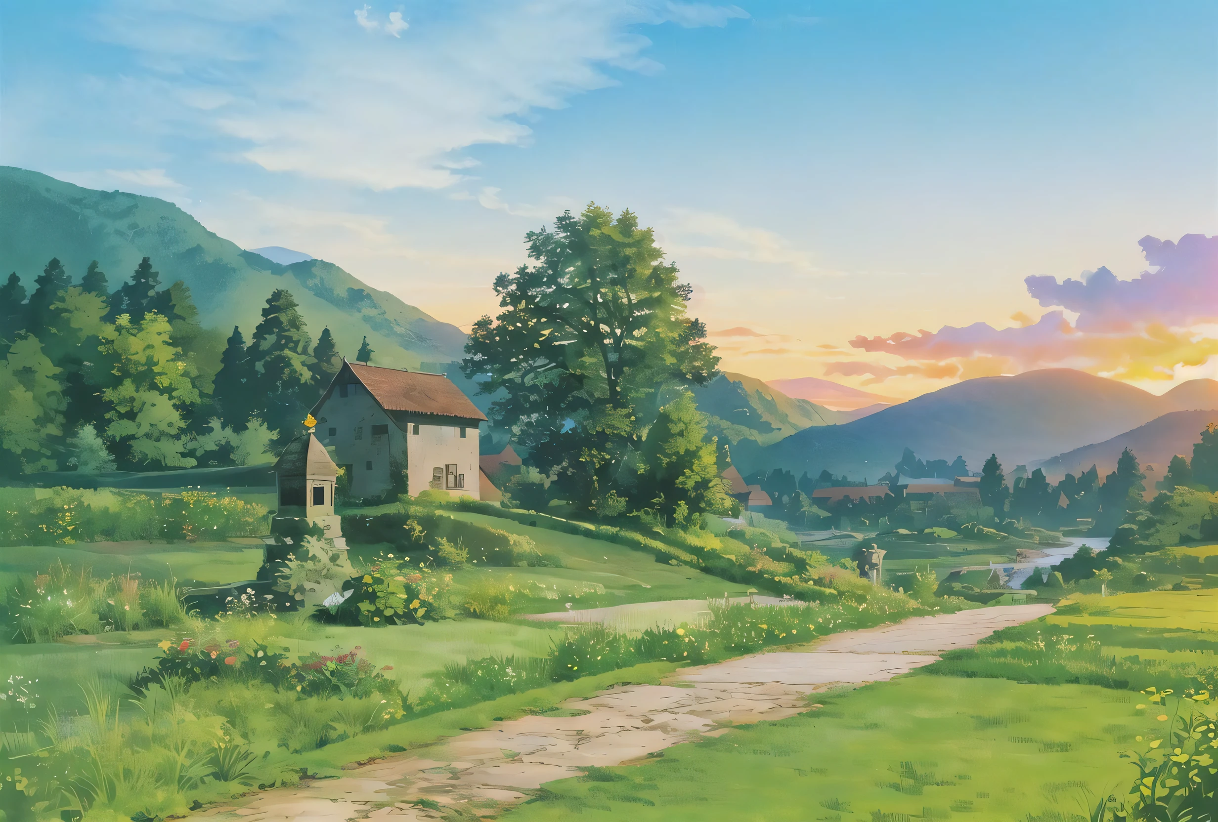 (((best quality))),High saturation,clear,rational construction,cartoon style,architecture, bridge, building,castle, chimney, cloud, cloudy_sky, day, fantasy, gate, grass, house, mountain, no_humans, outdoors, river, scenery, sky, sunset,, tree, window ,