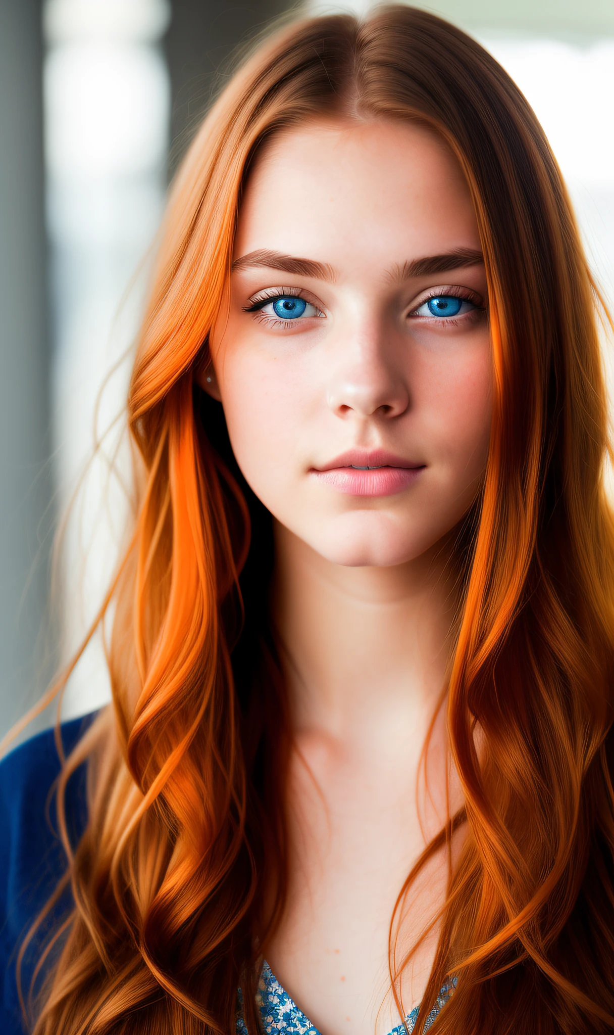 (masterpiece), photo of a beautiful 18-year-old girl with blue eyes, she has orange hair, smooth, soft and brunette skin; symmetrical eyes, soft lighting; Highly rendered by Bagshaw, guweiz, masterpiece, best quality, 4K. no hands