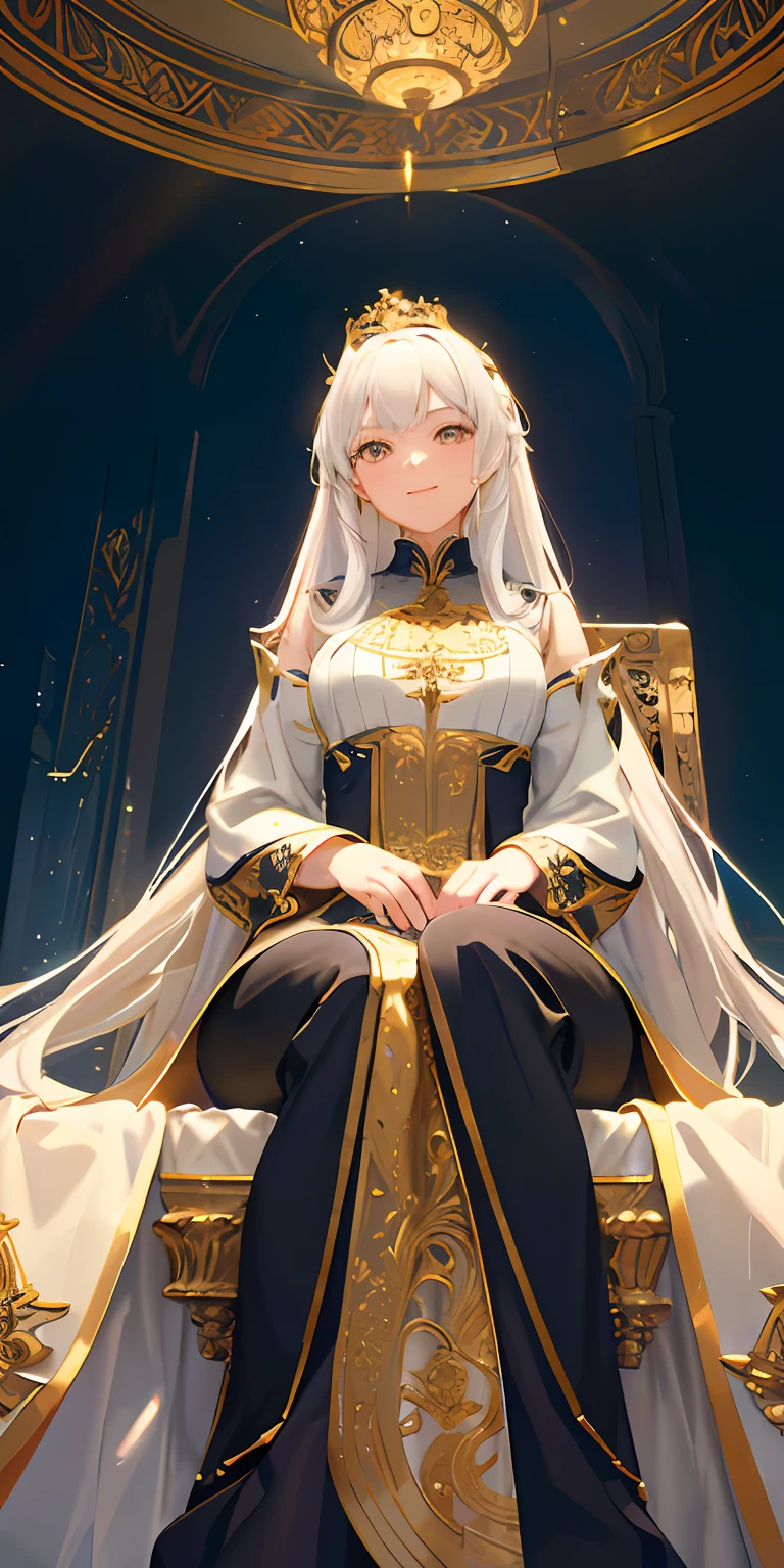 教皇 full body,on a scepter,Sit on the throne,((robe with an intricate pattern)),(1 girl)，(solo),(cute anime face),golden eyes,white hair,Long hair, smile,halo,(sit on the low throne),in magnificent castle,