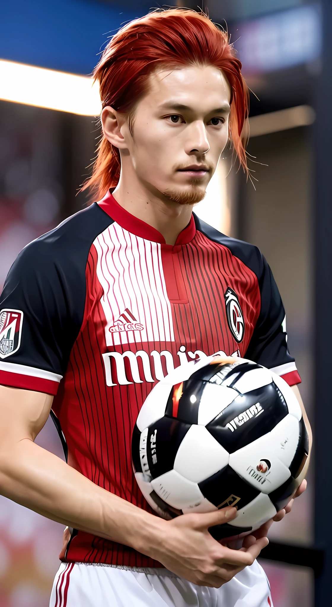 Footballer, Soccer Player, Ballon d'Or, World Class, Ace Striker, Real Soccer Player, Red Hair, Red Hair, Active in Europe, 183cm, 74kg, FW, Japan, Japanese, Red Vertical Striped Uniform, White Pants, No. 10, #10, AC Milan, Black Beard, 28 years old, Slender, Very delicate, 8K, No. 10, #10, Center Forward, Asian,