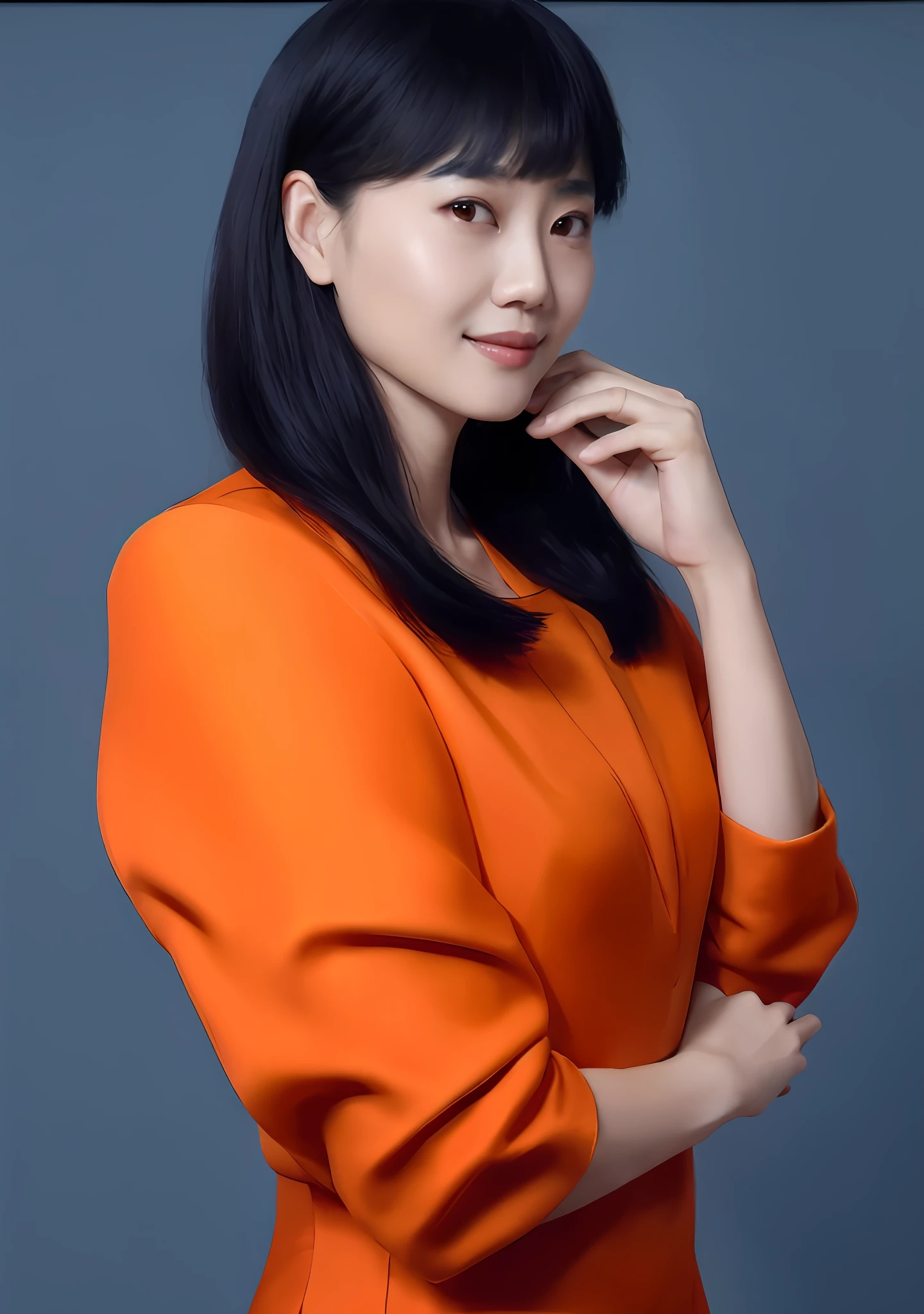 a close up of a woman in an orange dress posing for a picture, lu ji, ruan jia beautiful!, lulu chen, inspired by Tang Yifen, li zixin, li bingbing, inspired by Cheng Jiasui, yun ling, female actress from korea, xue han, inspired by Yao Tingmei, jiyun chae, kan liu