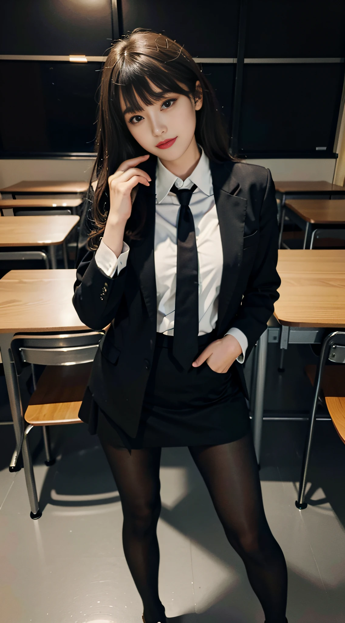 Highest quality, masterpiece, 1girl, light smile,solo,long legs,Skirt, shirt, tie, brown hair, pantyhose, long hair, blue tie, jacket, white shirt, black shoes, high heels, full body, standing, classroom, collar shirt, brown eyes, pencil skirt, looking at the audience, office lady, closed mouth, long sleeves, black dress, black jacket, formal, shadow, blurred background, lips, holding, suit, legs, blurry, chest, smile, hands in pockets, bangs, Brown pantyhose,, full body photo