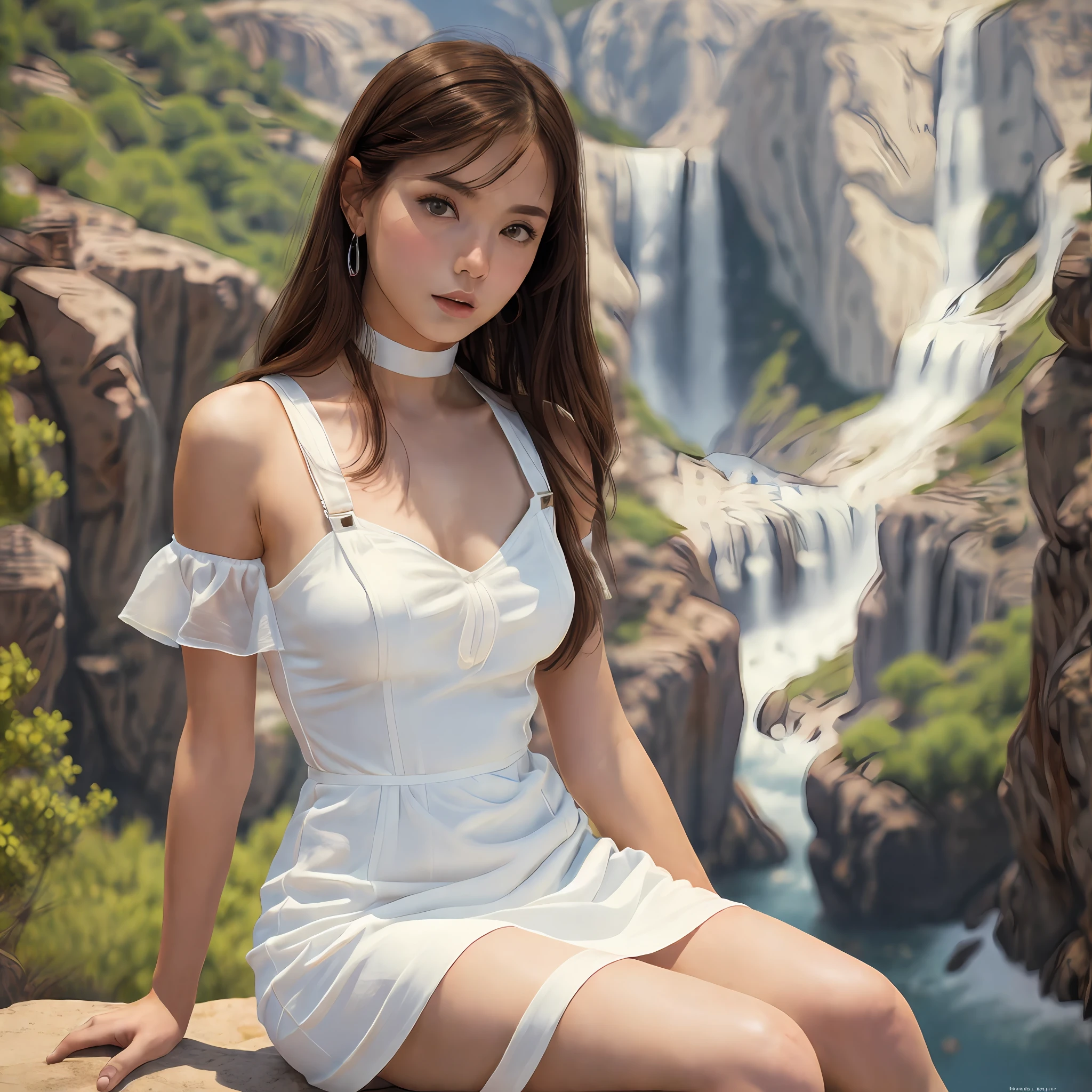Brunette woman in white dress looking at viewer, suspenders, bare shoulders, sitting on rock, masterpiece, super detail, epic composition, ultra hd, high quality, extremely detailed, official art --auto --s2