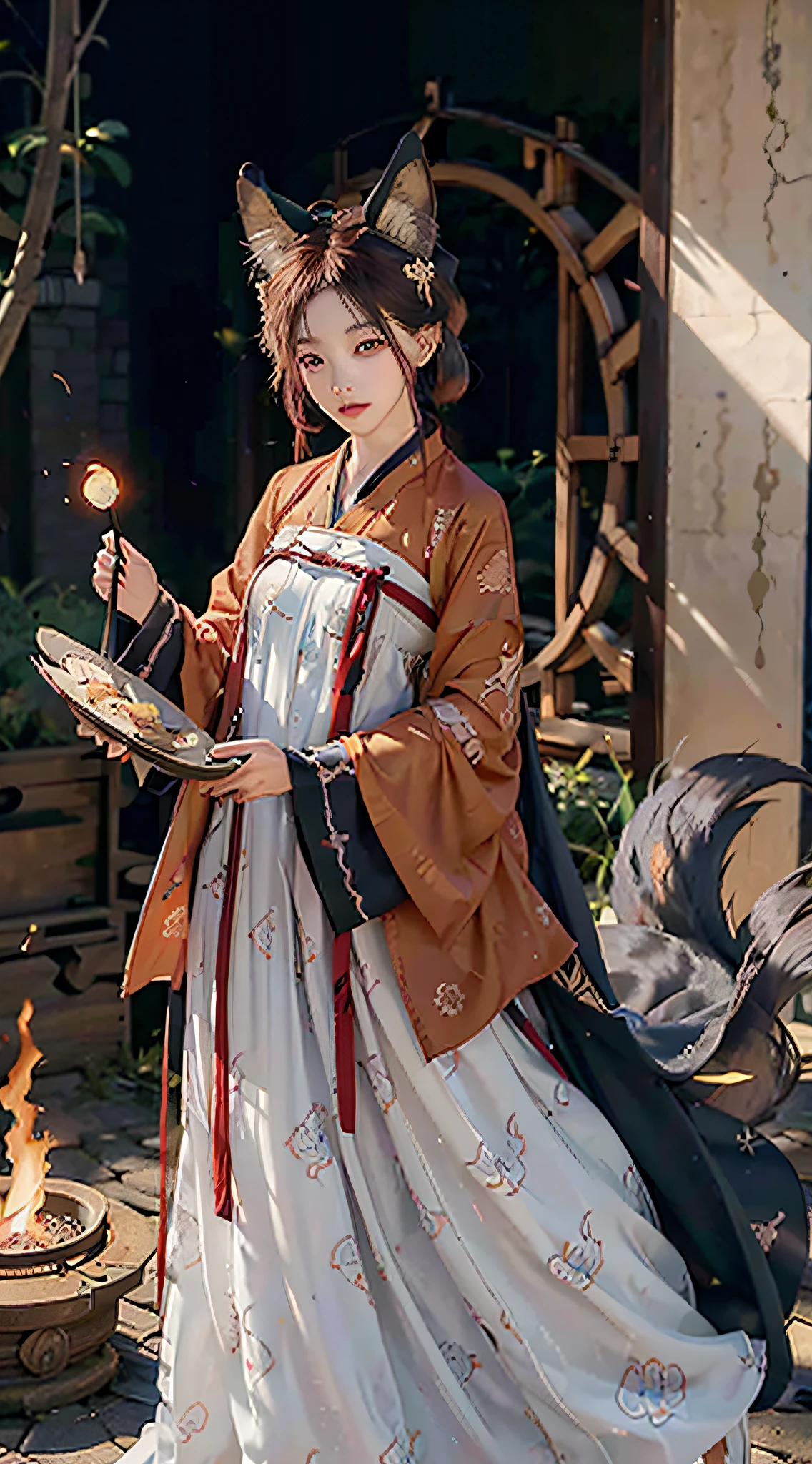 1girl,solo,
official art, unity 8k wallpaper, ultra detailed, beautiful and aesthetic, beautiful, masterpiece, best quality,
Kitsune witch, fox mask, haori jacket, foxfire spell, fox familiar, transformation,depth of field,
