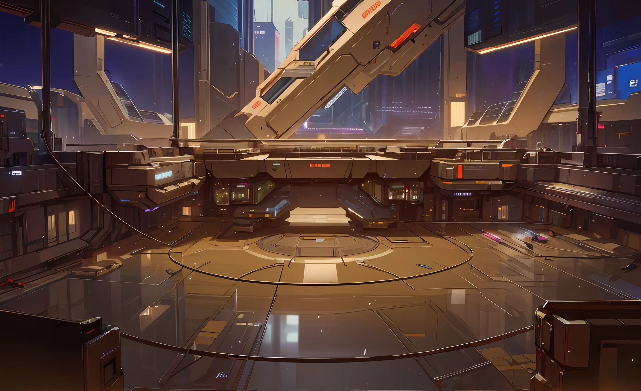 Cyberpunk, indoor scene, science fiction scene, full of technology, empty ground, modern, detailed, glass, HD,