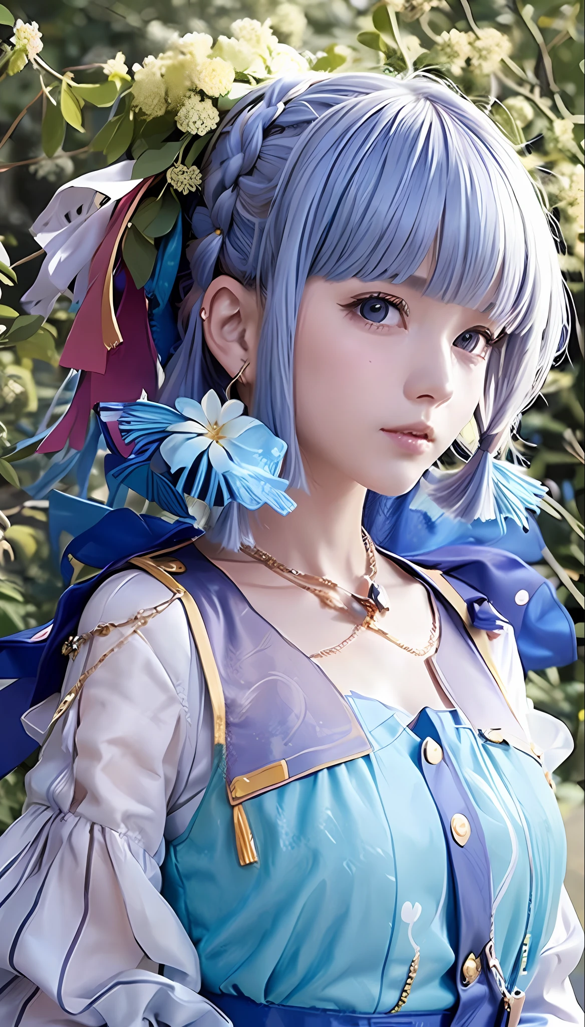 (masterpiece), (best quality), (ultra detailed),(disheveled hair),(illustration), (1girl), (Fashionable clothing), standing, Fashion model, looking at viewer, (interview), (simple background),beautiful detailed eyes, delicate beautiful face, Floating,(high saturation),(colorful splashes),colorful bubble,(shining), focus on face, ponytail, kamisato ayaka, light blue hair, bangs, hair ring, floating flowers, floating hairs, (shining), best lighting, best shadow,
