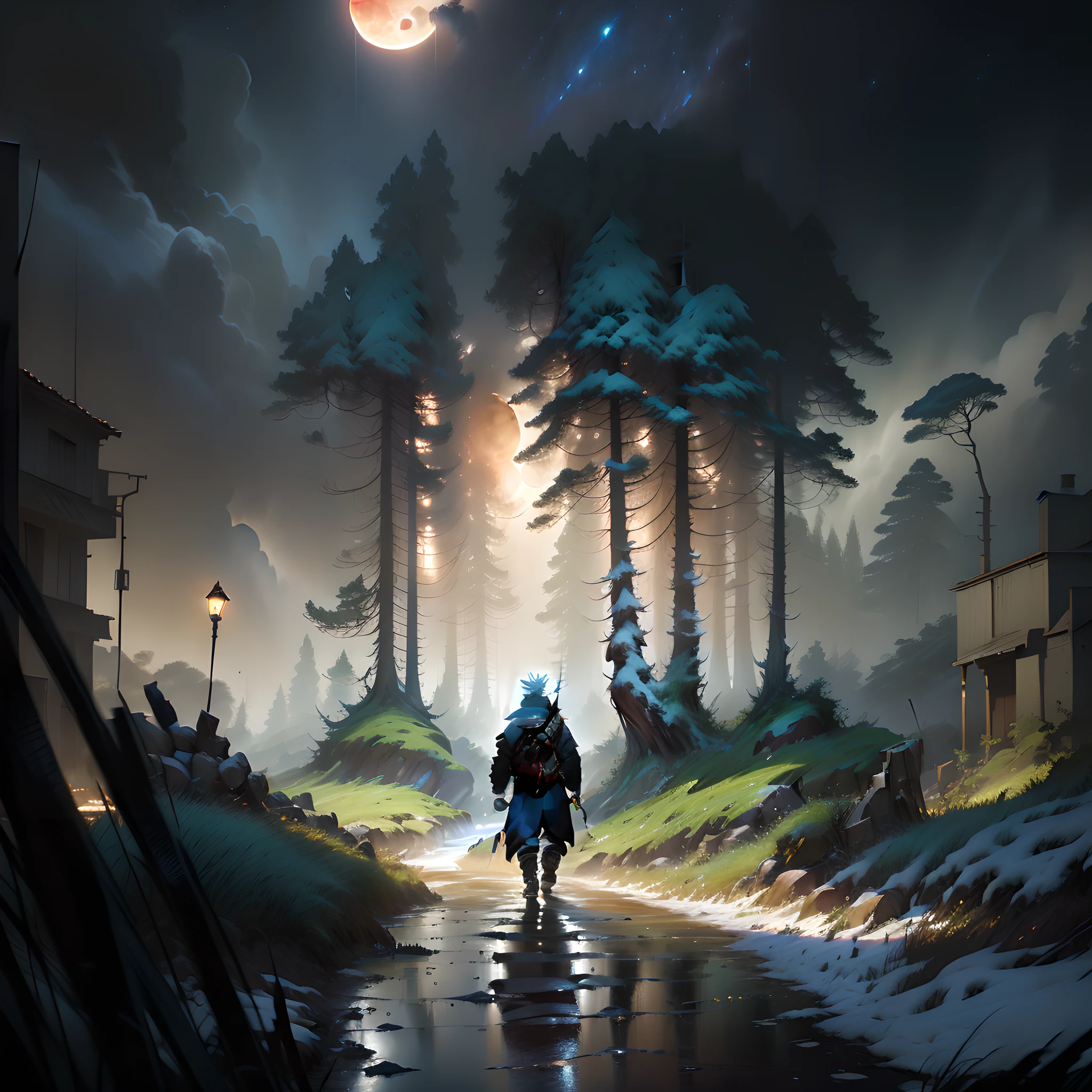 anime scene of a man walking down a road in the woods, concept art wallpaper 4k, inspired by Andreas Rocha, andreas rocha style, anime lush woods, digital painting concept art, anime art wallpaper 4k, anime art wallpaper 4 k, makoto sinkai, painted by andreas rocha, makoto shinkai cyril rolando,movie poster, masterpiece, best quality, doomsday, The Red Moon, Complex and changeable seasons,(nighttime view with cloud layer and a full moon:1.35), wide angle, Grandiose scenes, （There are no humans,suburbs,the trees,ore,Many wandering zombies：1.2), Blurred faces, Depth-Of-Field, HDR, Absurd resolution, absurdres, chiaroscuro, cinematic lighting, backlighting, film grain, chiaroscuro, cinematic lighting, backlighting, atmospheric perspective, chiaroscuro, cinematic lighting, backlighting, film grain,The back of a man, The back of the person,double exposure, masterpiece, high quality, high details, masterpiece, high quality, high details, best quality, masterpiece,HDR, Absurd resolution, absurdres, BREAK