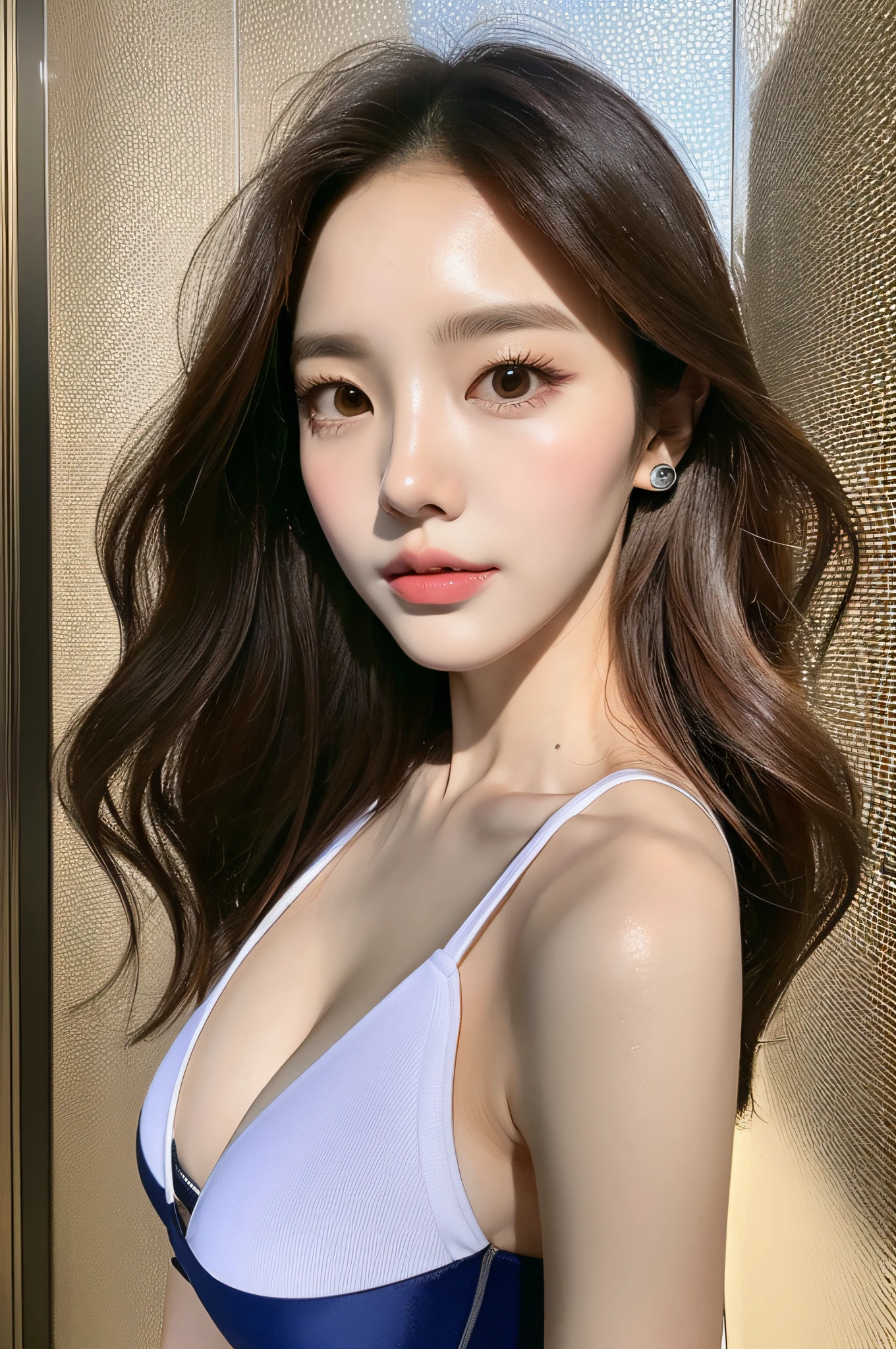 sonyoonjoo, 1girl, solo, realistic,:1.6, (masterpiece, pretty people,), detailed skin texture, beautifully detailed face, masterpiece, collarbone, swimsuit. Luxury hotel background