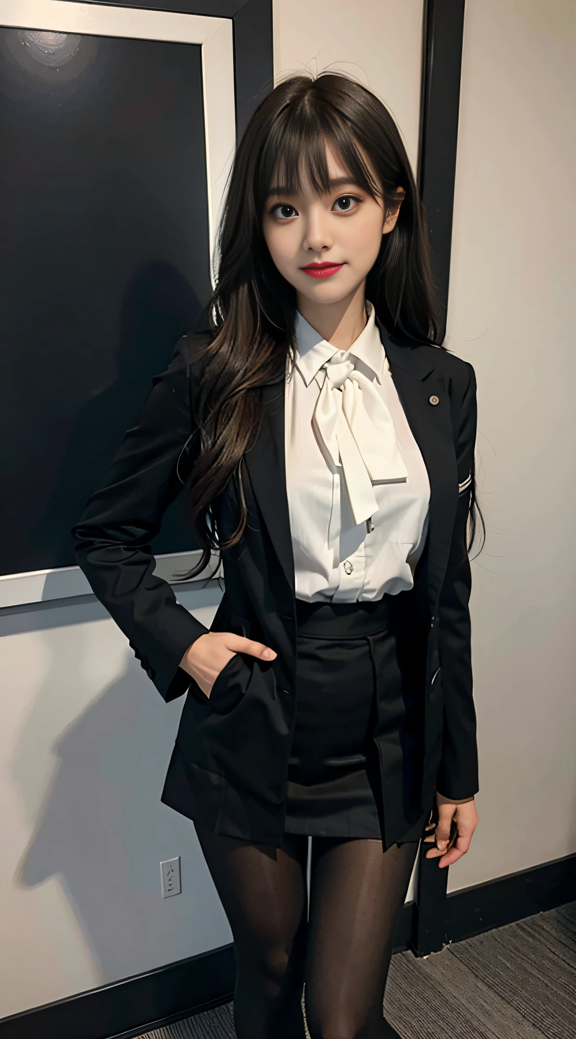 Highest quality, masterpiece, 1girl, light smile,solo,Skirt, shirt, tie, brown hair, pantyhose, long hair, blue tie, jacket, white shirt, black shoes, high heels, full body, standing, classroom, collar shirt, brown eyes, pencil skirt, looking at the audience, office lady, closed mouth, long sleeves, black dress, black jacket, formal, shadow, blurred background, lips, holding, suit, legs, blurry, chest, smile, hands in pockets, bangs, Brown pantyhose,, full body photo,Back to blackboard