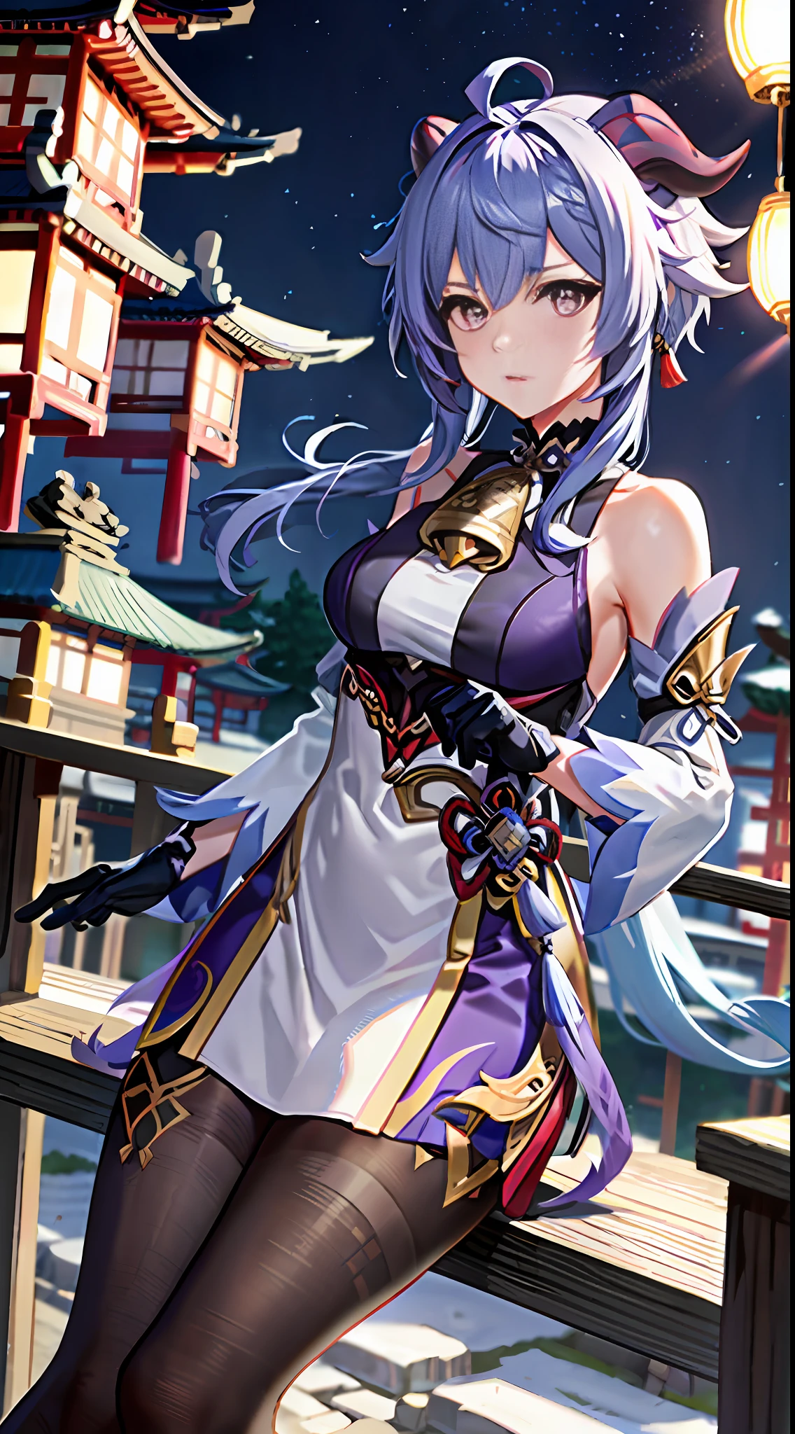 ganyu\(genshin impact\), 1girl, ahoge, architecture, bangs, bare shoulders, bell, black gloves, black tights, ((blue hair)), blush, breasts, chinese knot, sleeves, East Asian architecture, flower knot, gloves, horns, purple hair, long hair, purple hair, looking at the audience, mid-chest, neckbell, night, outdoors, pantyhose, purple eyes, sideburns, solo, tassels, white sleeves, ((masterpiece))