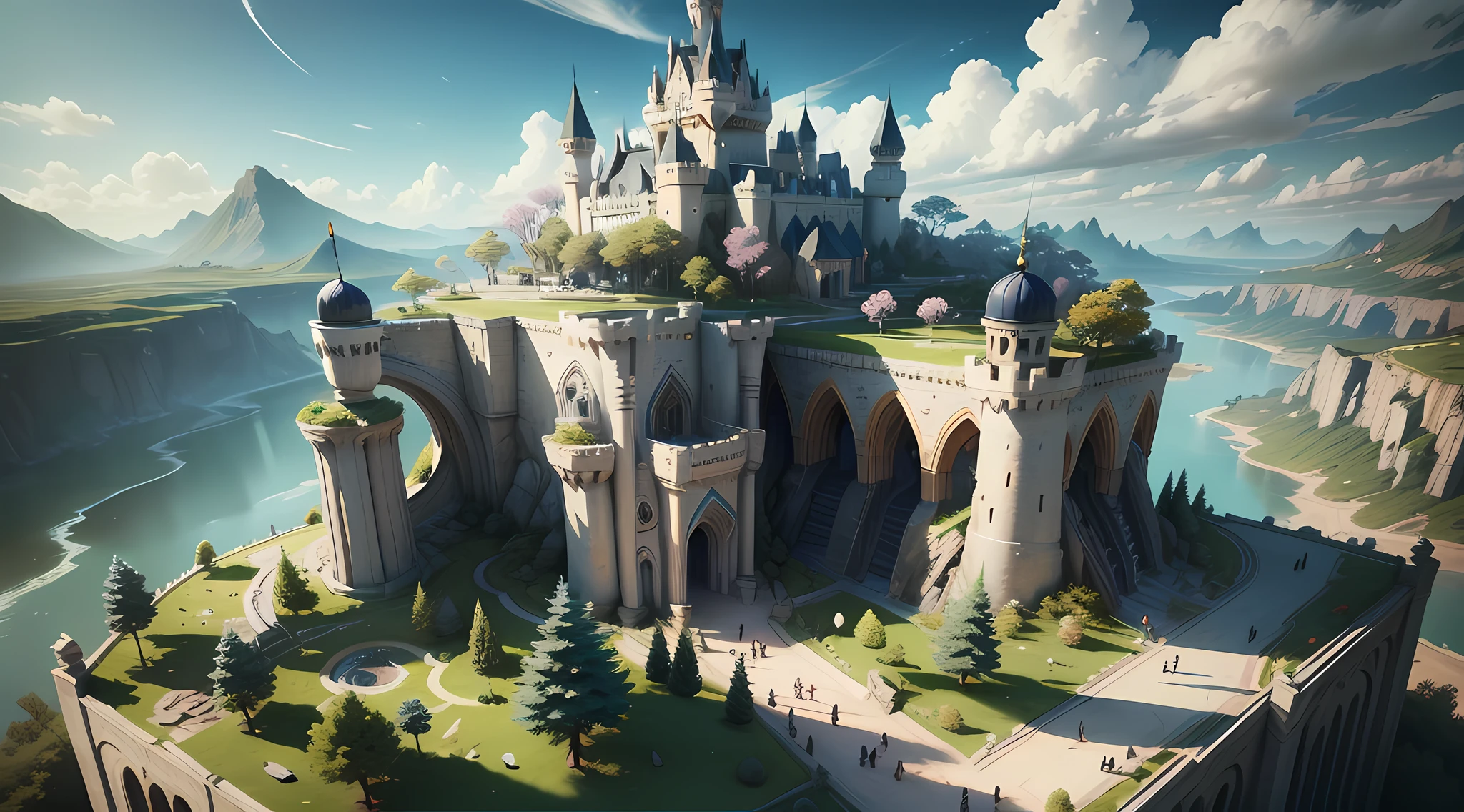 Cartoon style, polygon, game scene atmosphere map, pixar style, exaggerated design, fantasy, knight in white and black hat, imperial city, noble coronation, full traffic, flagpole, castle vista, fish flying in the sky, royal guard, salute music, crowds, pets are watching, casual play style, low poly, lowpoly, best detail, cartoon style, 3d, masterpiece, best quality, unreal engine, cartoon rendering, 8K --auto --s2