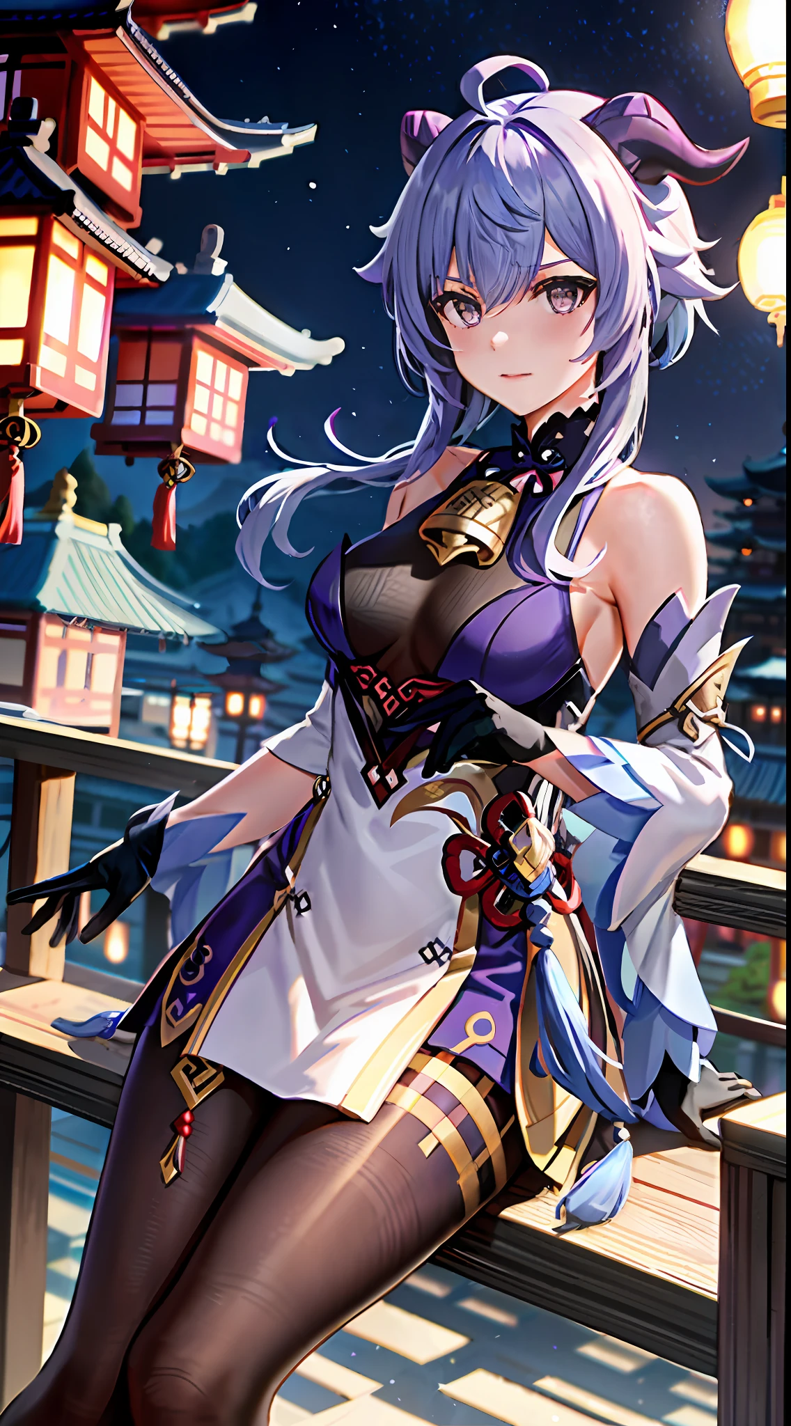 ganyu\(genshin impact\), 1girl, ahoge, architecture, bangs, bare shoulders, bell, black gloves, black tights, ((blue hair)), blush, breasts, chinese knot, sleeves, East Asian architecture, flower knot, gloves, horns, purple hair, long hair, purple hair, looking at the audience, mid-chest, neckbell, night, outdoors, pantyhose, purple eyes, sideburns, solo, tassels, white sleeves, ((masterpiece))