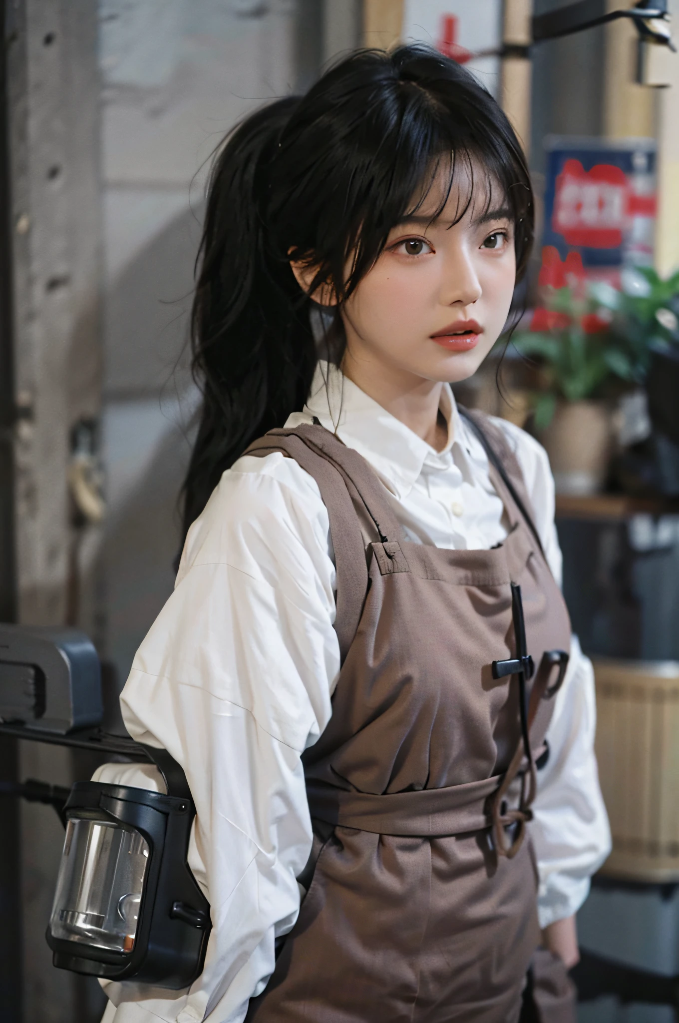 Temperament girl, delicate facial features, bangs, hair color double ponytail, hair is messy, hair is very realistic, wearing a suspender full body photo