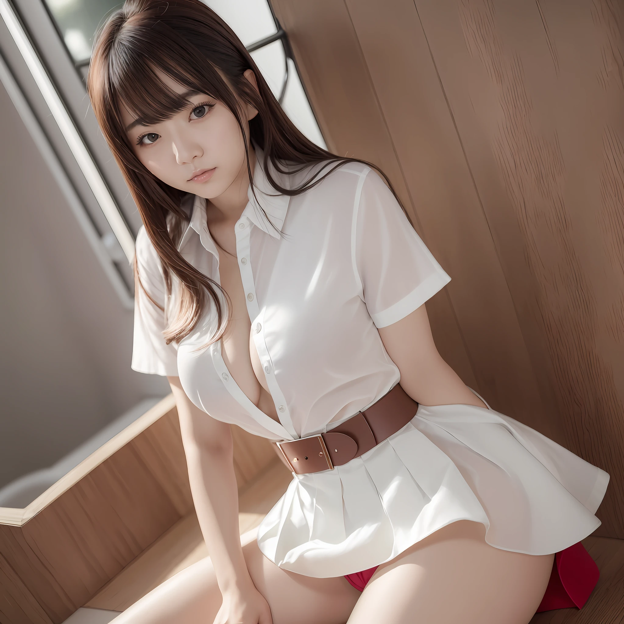 NSFW, 8K raw photo, best quality, masterpiece, ultra high definition, film grain, filmg, 1girl, look viewer, natural skin texture, realistic eye and face details, full lips, lipstick, Kazue Kato, Akiko Takase, Kiyoko Suzuki, Rinko Kawaichi, Yuka Kazami, Shiori Teshirogi, Yasumoto Oka, Ayami Kojima, Takeyuki Kanda, Chiho Ajima, Aoi Ogata , 18-year-old naïve Japan college girl, body size is 158cm tall, Weight 53kg, Bust 83cm (D cup), Waist 61cm, Hips 86cm, Smooth long hair, Bangs, wearing a white blouse with short sleeves, red shorts down to the knees, M-shaped legs, straddling the Japanese toilet, round buttocks can be seen from the black pleated mini skirt, she shows the viewer,, looks happy , full body --auto --s2