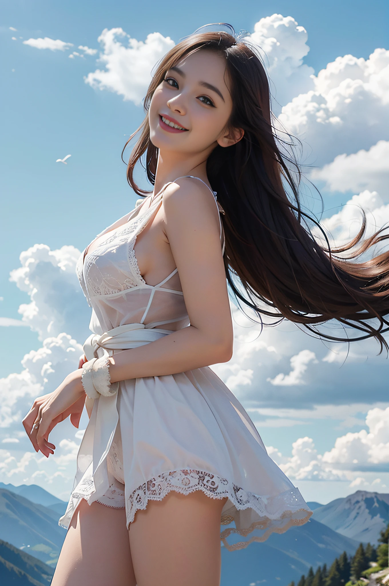 Best Quality, Ultra High Resolution, Masterpiece, Photo Realistic: 1.8), Pore, Precision, Alps, Vast Prailand, Sky High and Expansive Sky, White Clouds Above Your Head, Firmament, Face in the Center of Screen, Flaxen Tunic, Lace Breasts, Large Loose Open Chest, Small Breasts, Pale Light, Young Woman, Hair Tied Back, Dark Eyes, With a Happy Smile, Smile, Leaning forward, bending forward, bend at the waist, get glimpses of breast, detailed description, 23 years old, cute,
