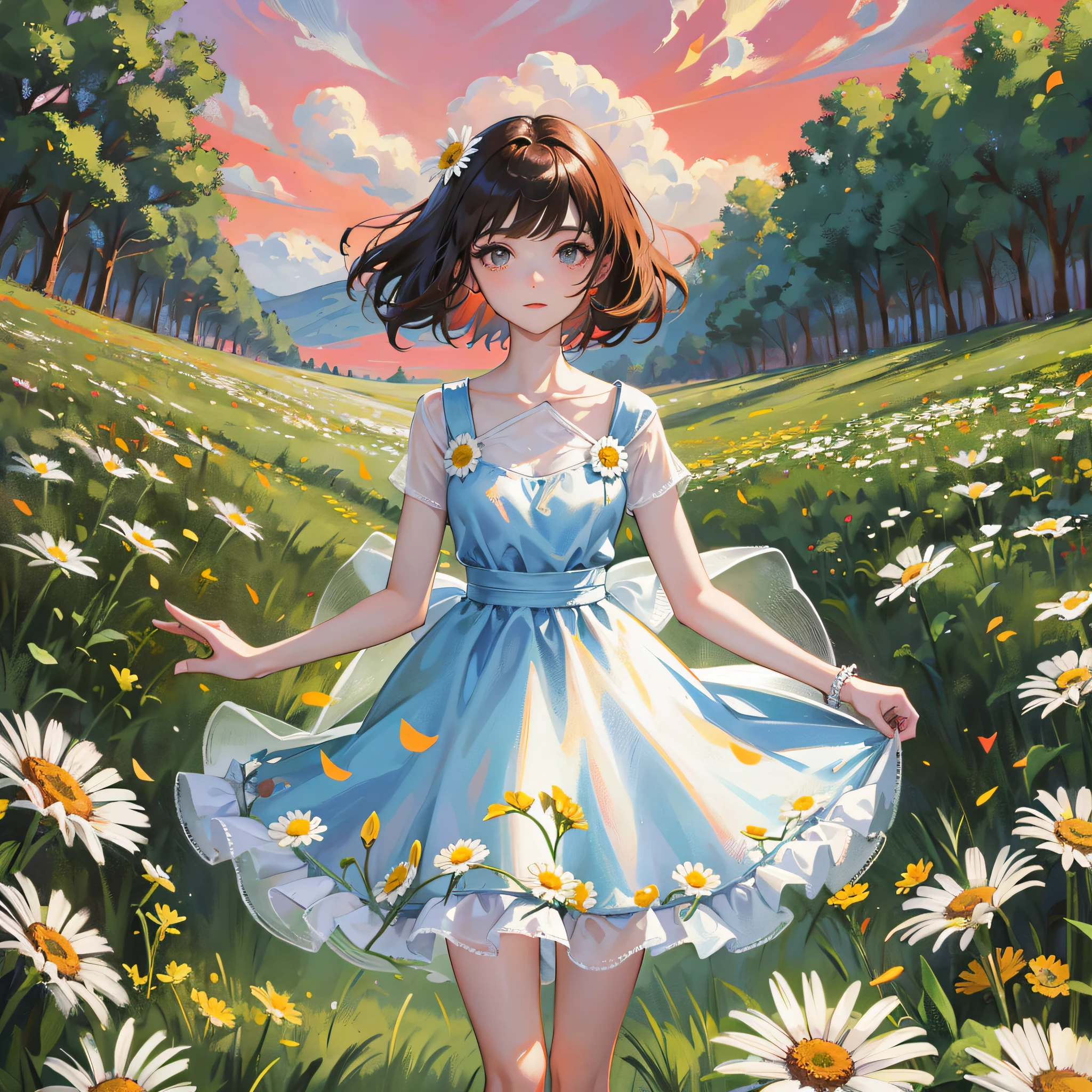 Girl in daisies, girl dancing, very short haircut, thin legs, field of daisies, red dress, sun, blue clouds --auto --s2