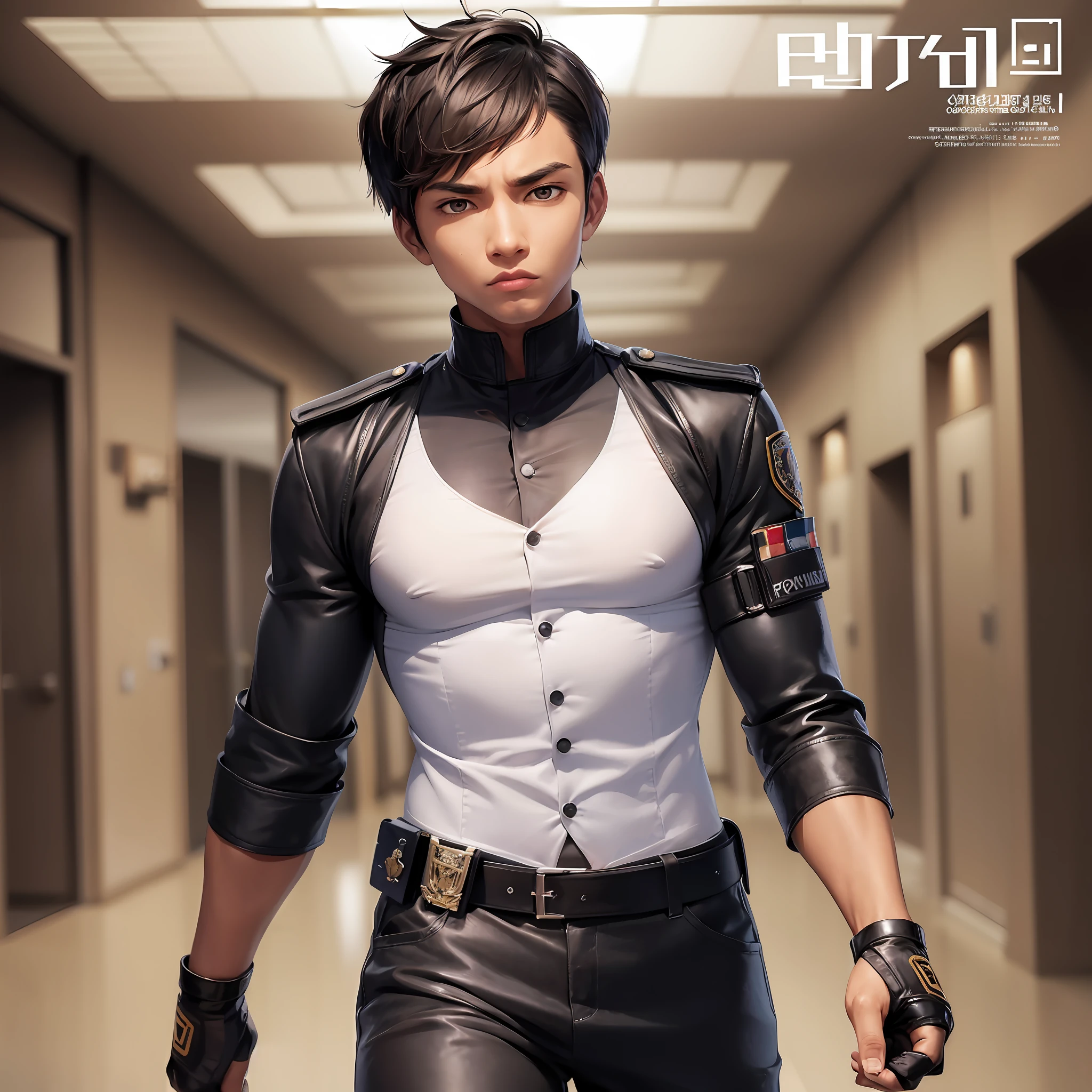 half body, magazine cover, man, handsome guy, policeman, Public security uniforms, Short hair in the black, brown skin, high nose bridge, small eyes, Open one's big mouth, serious, Fierce, fury, Fight, anime style, Surrealism, rococo style --auto --s2