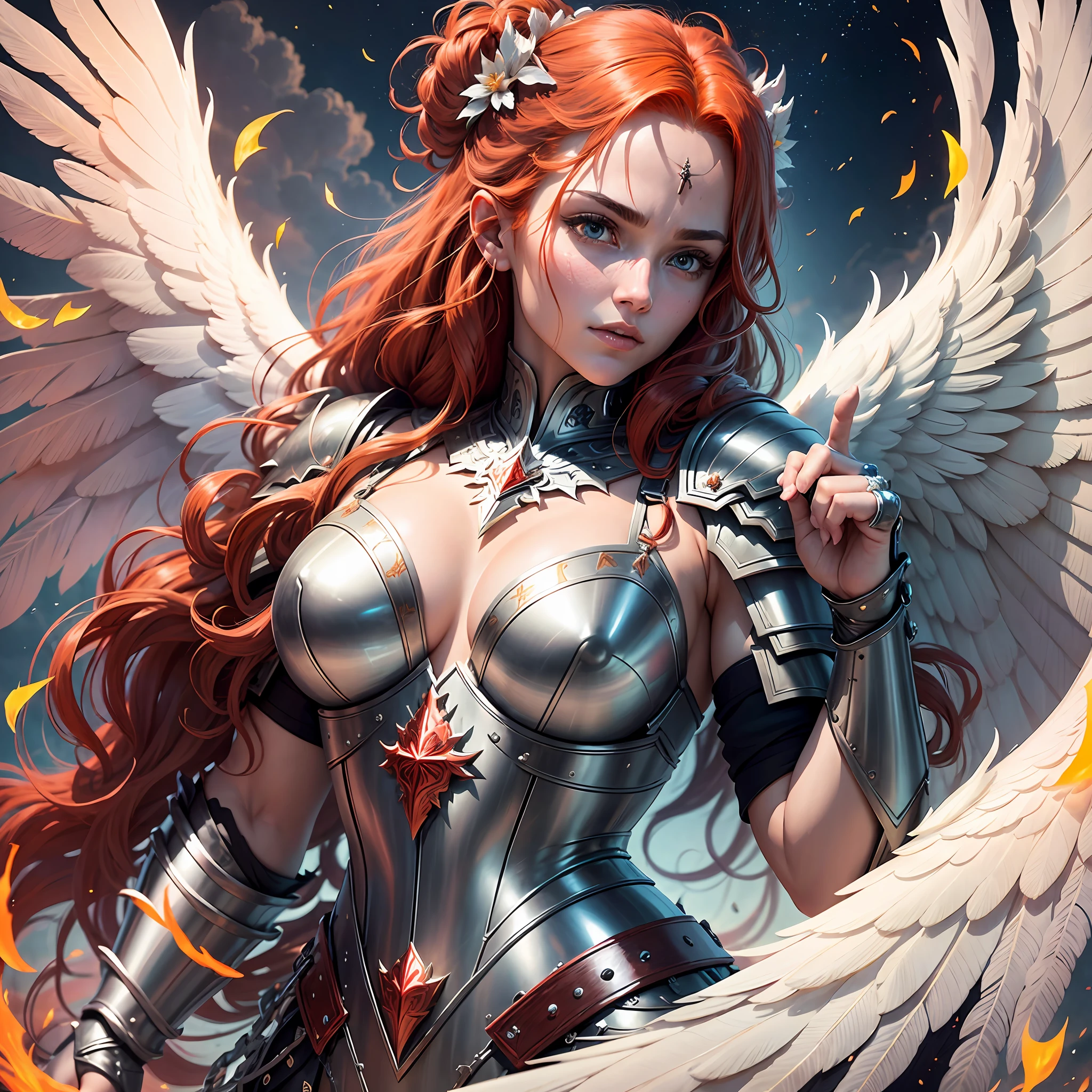 Imagine an incredibly detailed image of a red-haired warrior angel, who exudes strength and majesty. She is dressed in dazzling shining armor, made of divine materials that reflect light in a magical way. The armor has an intricate design, decorated with sacred symbols and elegant details. Each piece of armor is custom-made to fit perfectly into the angel's body and enhance her heavenly beauty. The red-haired warrior angel is in a powerful pose, with her towering wings spread, ready to fly. Its wings are a radiant red-orange color, like sacred flames that emanate a soft glow. She holds a magical sword in one hand, which emanates a heavenly light, symbolizing her ability to fight the darkness with divine power. His gaze is determined, reflecting his courage and determination. In the background, one can see a dazzling celestial scenery, with golden clouds and an ethereal horizon. Rays of light pierce through the clouds, creating a sacred and mystical environment. The red-haired warrior angel is an impressive sight in this heavenly environment, standing out with her imposing presence and captivating beauty. Describe the armor, wings, facial expression, and minute details, such as reflections in armor and skin textures. Explain how this realistic image of the red-haired warrior angel can convey a sense of divine power, grace, and protection, inspiring those who contemplate her to believe in inner strength and the fight against adversity --auto --s2