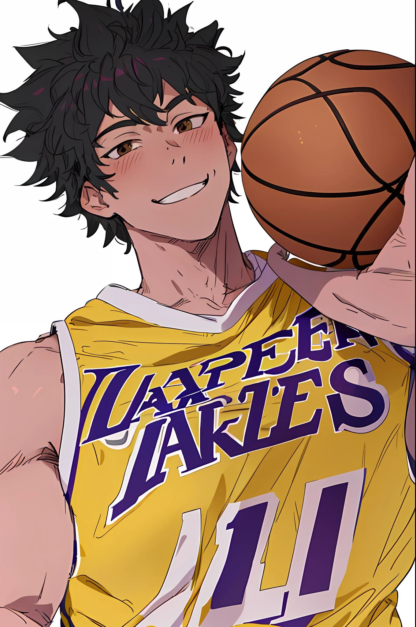 (best quality, masterpiece1.2), detailed, 1boy, solo, looking at viewer, simple background, upper body,
dynamic pose, smile, man basketball player uniform of the Los Angeles Lakers super detailed realistic, NBA, mature man, muscular man, male face1:1, smile, ((detailed eyes)), midoriya izuku, short curly strong black hair, brown eyes, white lightning,