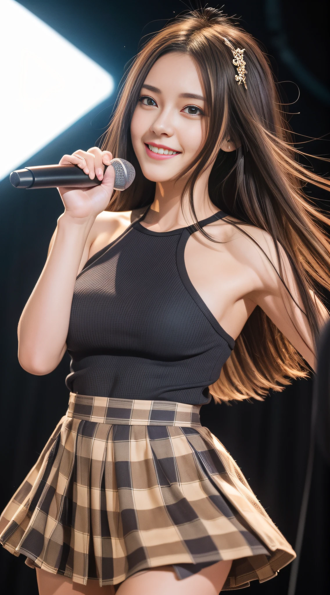 (8k, RAW Photo, Best Quality, Masterpiece: 1.2), (Realistic, Realistic: 1.37), Ultra High Resolution, Photon Mapping, Physically Based Rendering, 1 Girl, (Brunet: 1.3), Double braid hair,Long Legs, Detailed Face, Detailed Eyes, Huge Breasts, Shiny Skin,, Looking at the Viewer, (Light Smile Cute: 1.2), (Happy), Healing Cute, (Concert Stage: 1.2), (Stage lighting: 1.2),Holding the microphone,Passionate singing,Shiny clothing,Performance clothing,plaid skirt,
