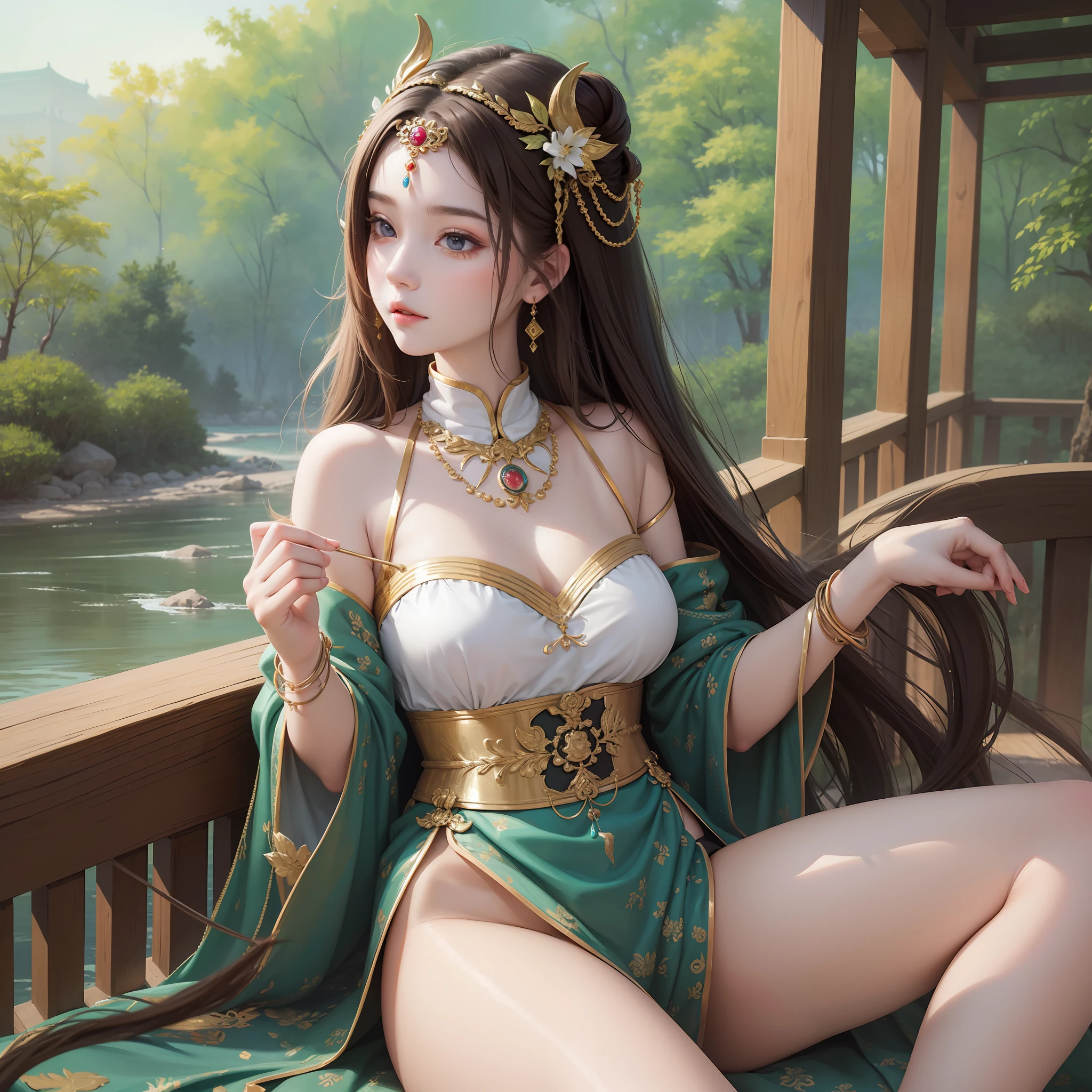 Upper body, oil painting, masterpiece, best quality, high resolution, long brown hair, jewelry hairpin, fat buttocks, stream stone or temple or bridge, pole suit, sitting, (Song dynasty, Song costume: 1.2),