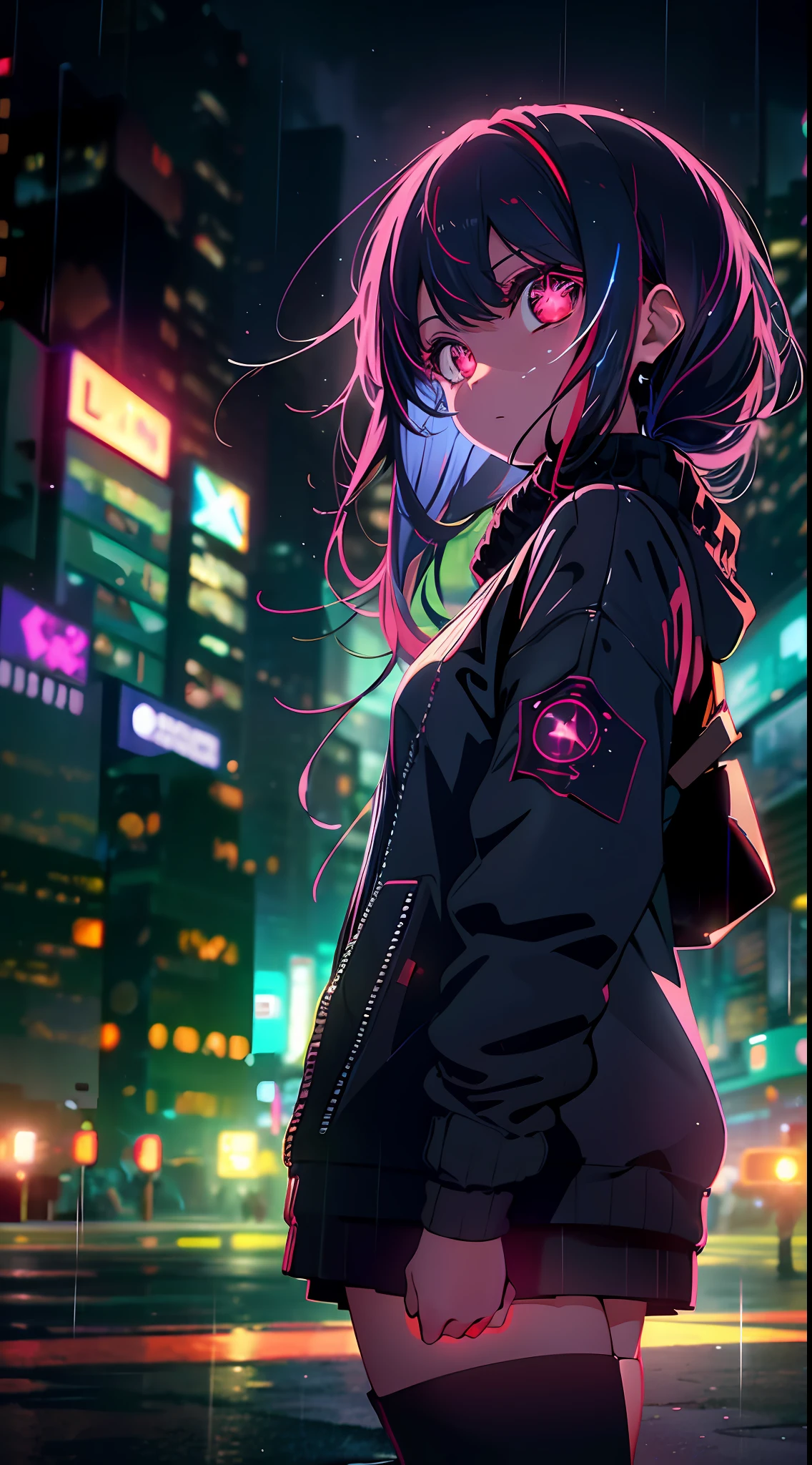 Night, colorful cyberpunk city background, rain, street, teenage girl in cozy sweater, li, red eyes, glowing eyes, black stockings, backlight, glow, looking at the audience, low angle lens, looking up lens, perfect composition, perfect light and shadow delicate, 8k