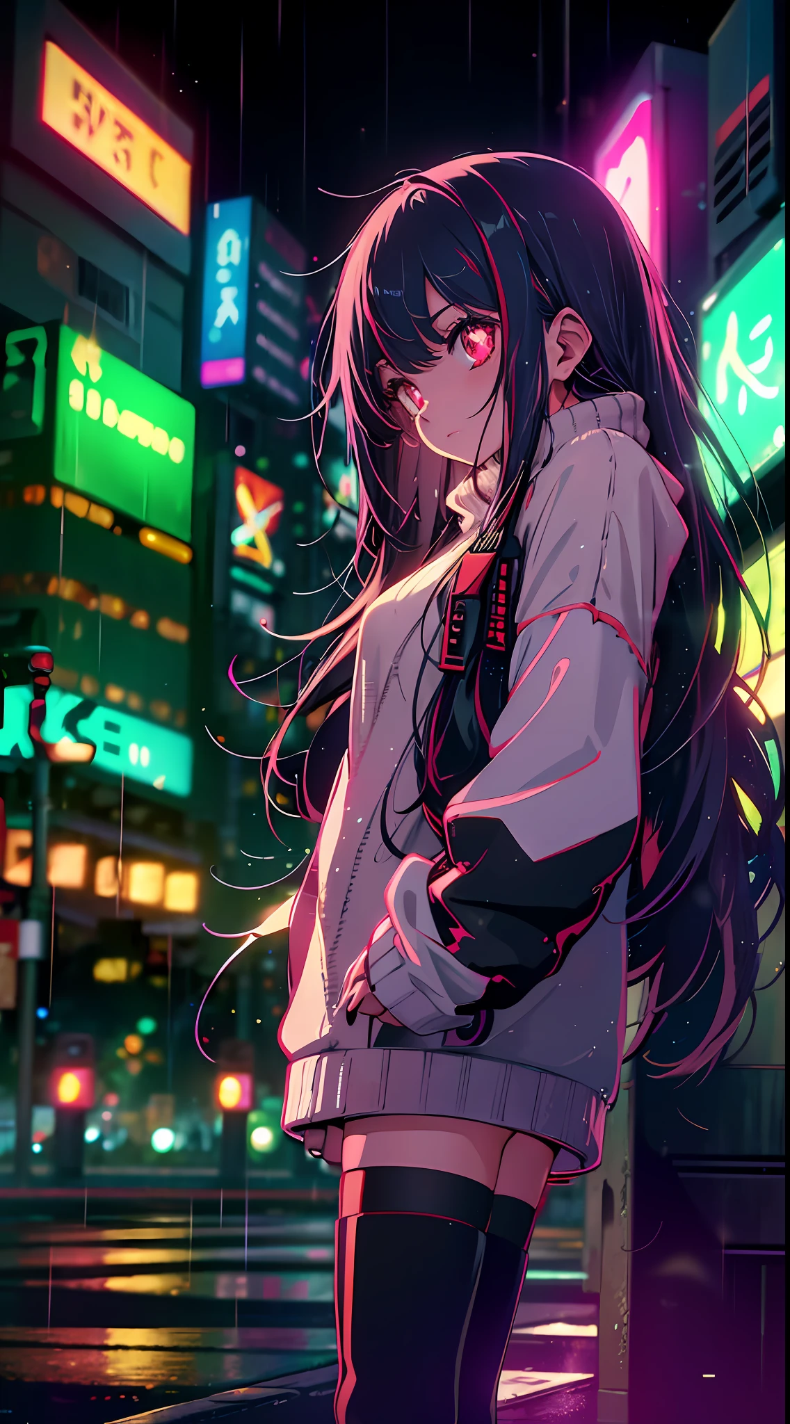 Night, colorful cyberpunk city background, rain, street, teenage girl in cozy sweater, li, red eyes, glowing eyes, black stockings, backlight, glow, looking at the audience, low angle lens, looking up lens, perfect composition, perfect light and shadow delicate, 8k