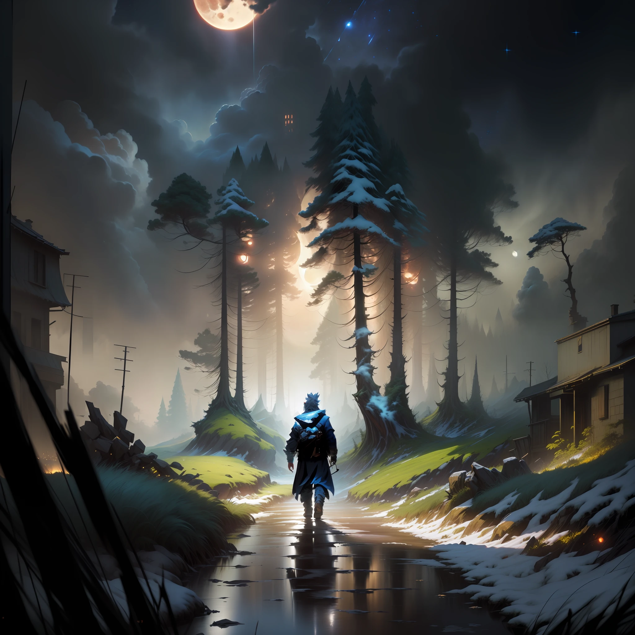 anime scene of a man walking down a road in the woods, concept art wallpaper 4k, inspired by Andreas Rocha, andreas rocha style, anime lush woods, digital painting concept art, anime art wallpaper 4k, anime art wallpaper 4 k, makoto sinkai, painted by andreas rocha, makoto shinkai cyril rolando,movie poster, masterpiece, best quality, doomsday, The Red Moon, Complex and changeable seasons,(nighttime view with cloud layer and a full moon:1.35), wide angle, Grandiose scenes, （There are no humans,suburbs,the trees,ore,Many wandering zombies：1.2), Blurred faces, Depth-Of-Field, HDR, Absurd resolution, absurdres, chiaroscuro, cinematic lighting, backlighting, film grain, chiaroscuro, cinematic lighting, backlighting, atmospheric perspective, chiaroscuro, cinematic lighting, backlighting, film grain,The back of a man, The back of the person,double exposure, masterpiece, high quality, high details, masterpiece, high quality, high details, best quality, masterpiece,HDR, Absurd resolution, absurdres, BREAK