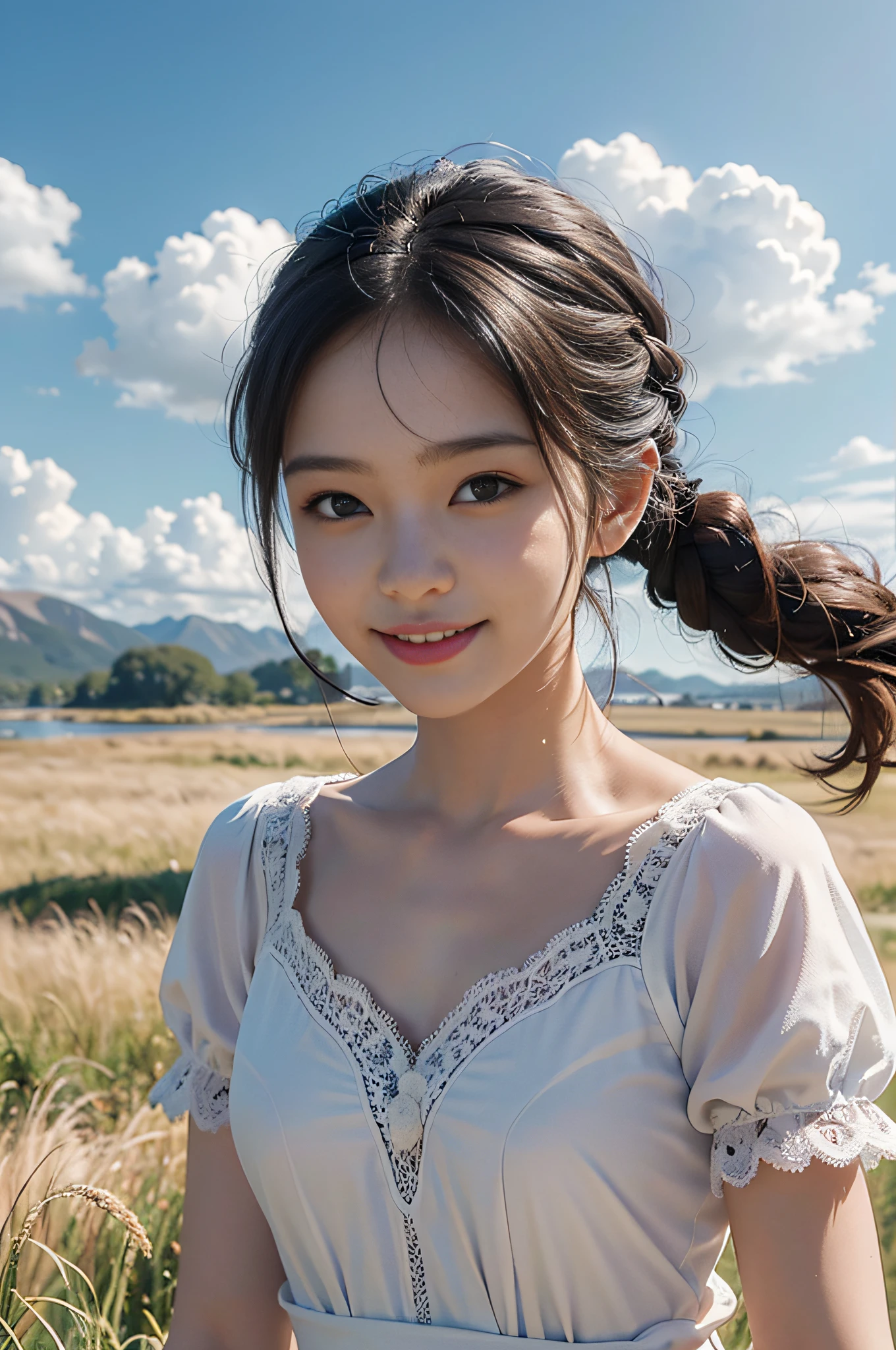 Best image quality, ultra high resolution, masterpiece, photo realistic: 1.8), pores, precision, Alps, vast grasslands, sky high and wide sky, white clouds above your head, firmament, face in the center of the screen, flax, lace breasts, large loose open chest, small breasts, pale light, young woman, hair tied back, dark eyes, joyful smile, smile, leaning forward, Bending forward, bend at the waist, get glimpses of breast, detailed description, 23 years old, cute,
