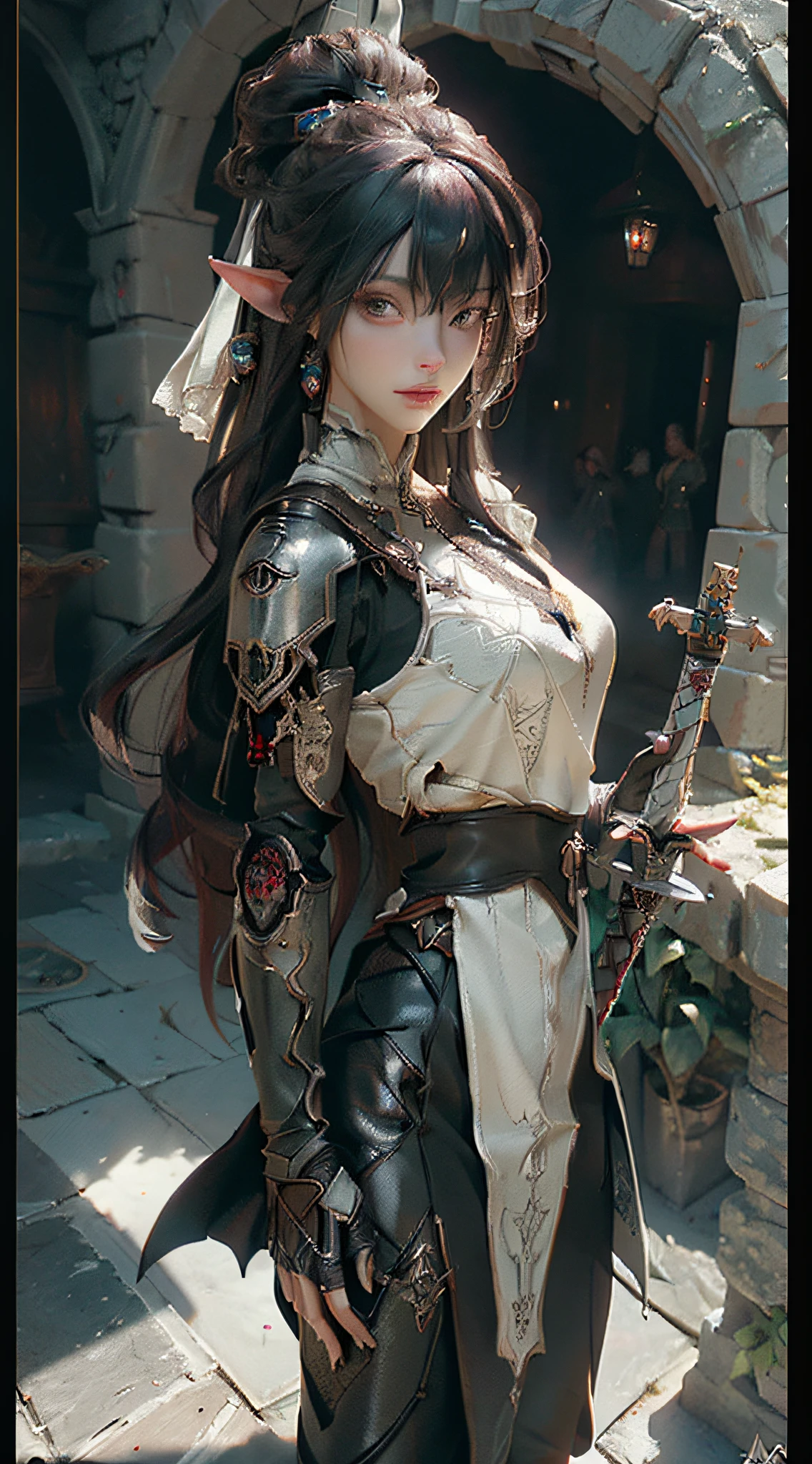 ((Top Quality)), ((Masterpiece)), (Details:1.4), 3D, Dark Elf Male Medieval Knight Wearing One Handed Sword, Blender 3D, full body, artstation and behance, game character, image of a beautiful cyberpunk woman, HDR (High Dynamic Range), ray tracing, NVIDIA RTX, ultra-high resolution, Unreal 5, Subsurface Scattering, PBR Texturing, Post-processing, Anisotropic Filtering, Depth of Field, Maximum Clarity and Clarity, Multi-layer Textures, Albedo and Specular Map, Surface shading, accurate simulation of light-material interactions, perfect ratios, octane rendering, two-tone lighting, wide aperture, low ISO, white balance, rule of thirds, 8K RAW,