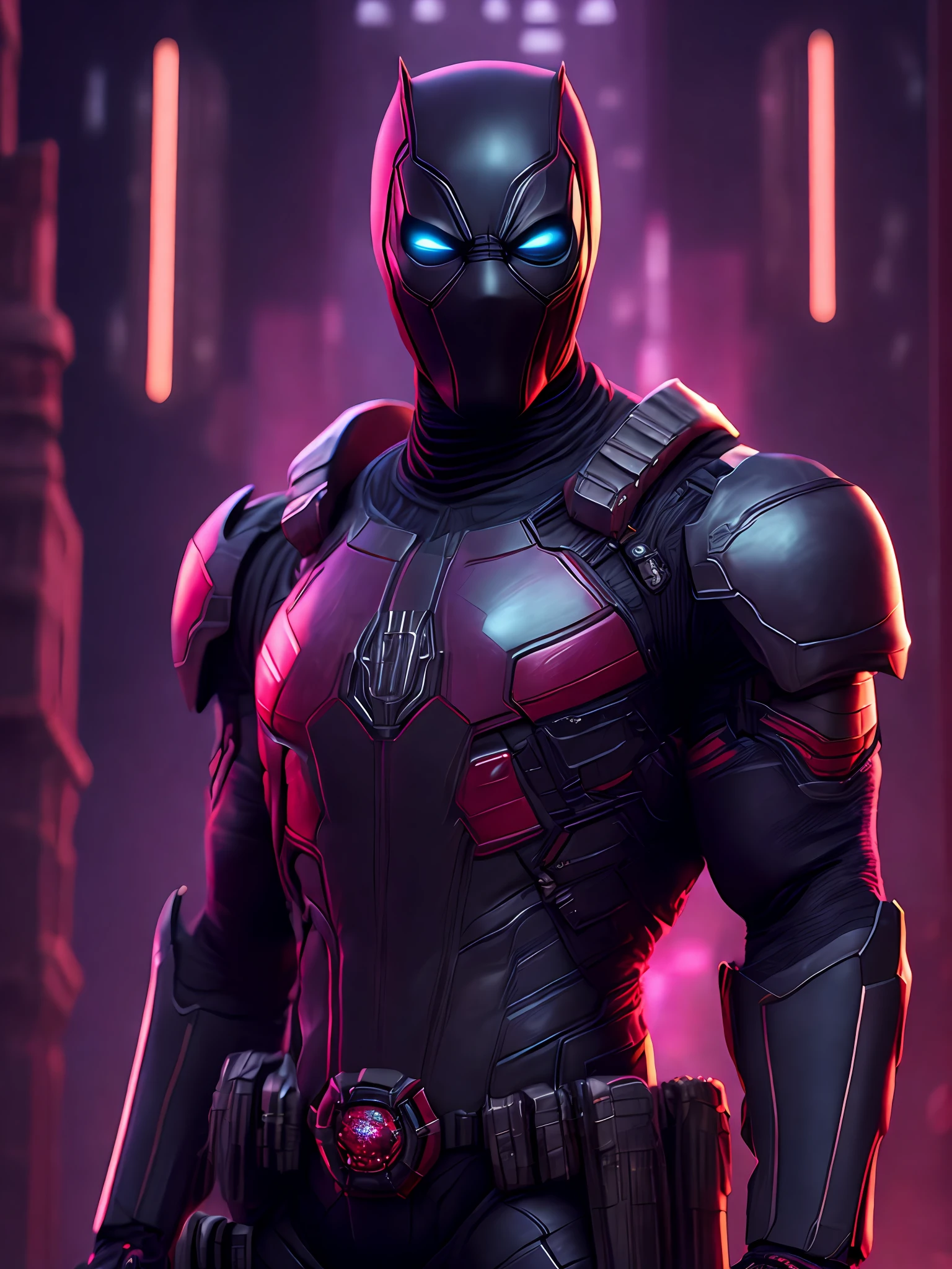 Portrait, Black Deadpool from Marvel, biomechanical, complex robot, full growth, hyper-realistic, insane small details, extremely clean lines, cyberpunk aesthetic, masterpiece featured on Zbrush Central, gothic brutalist cathedral, cyberpunk, award-winning photo, bokeh, neon lights, cybernetic limb