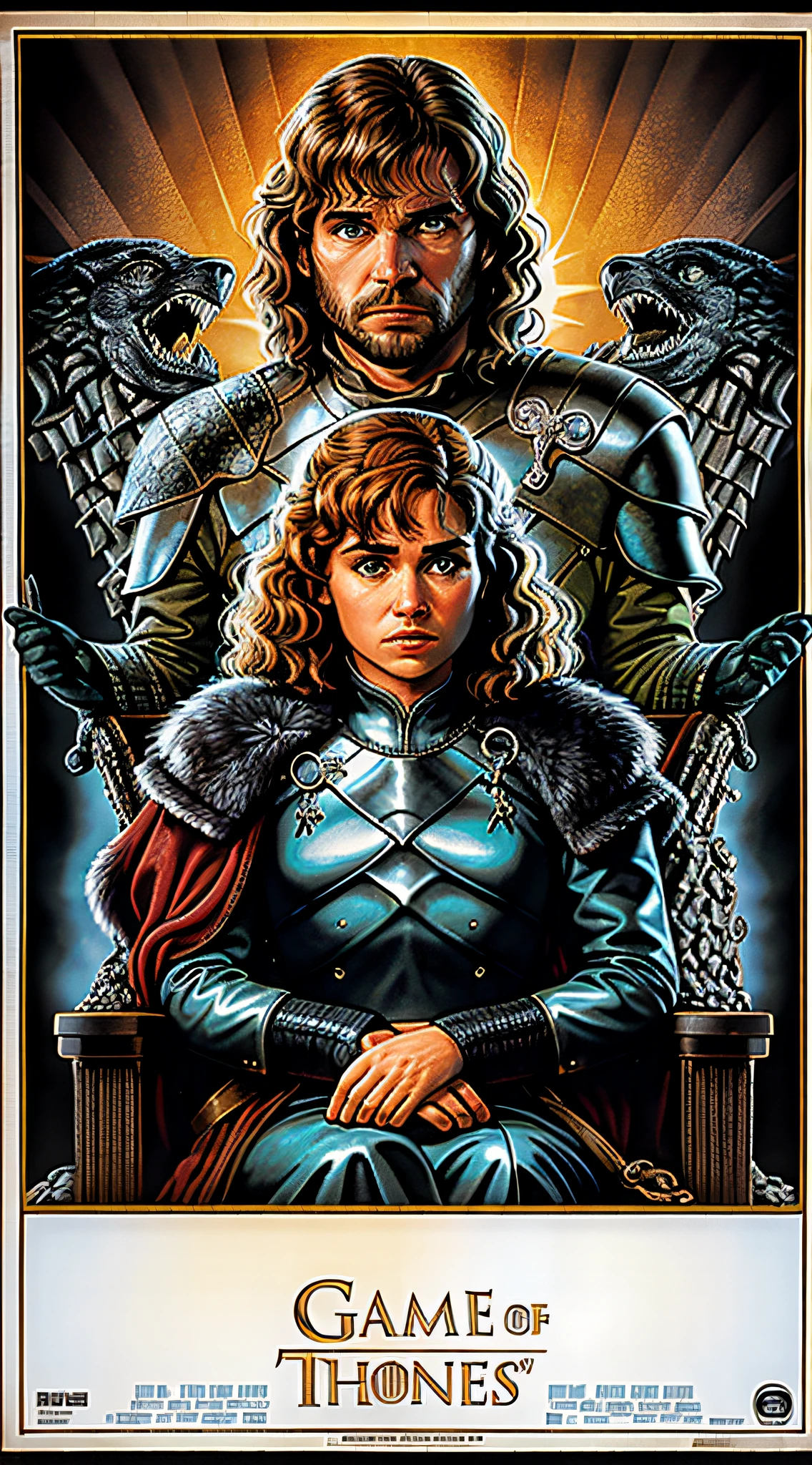 80's movie poster, Game of Thrones, black border, hyper detailed, detailed faces, 8k.