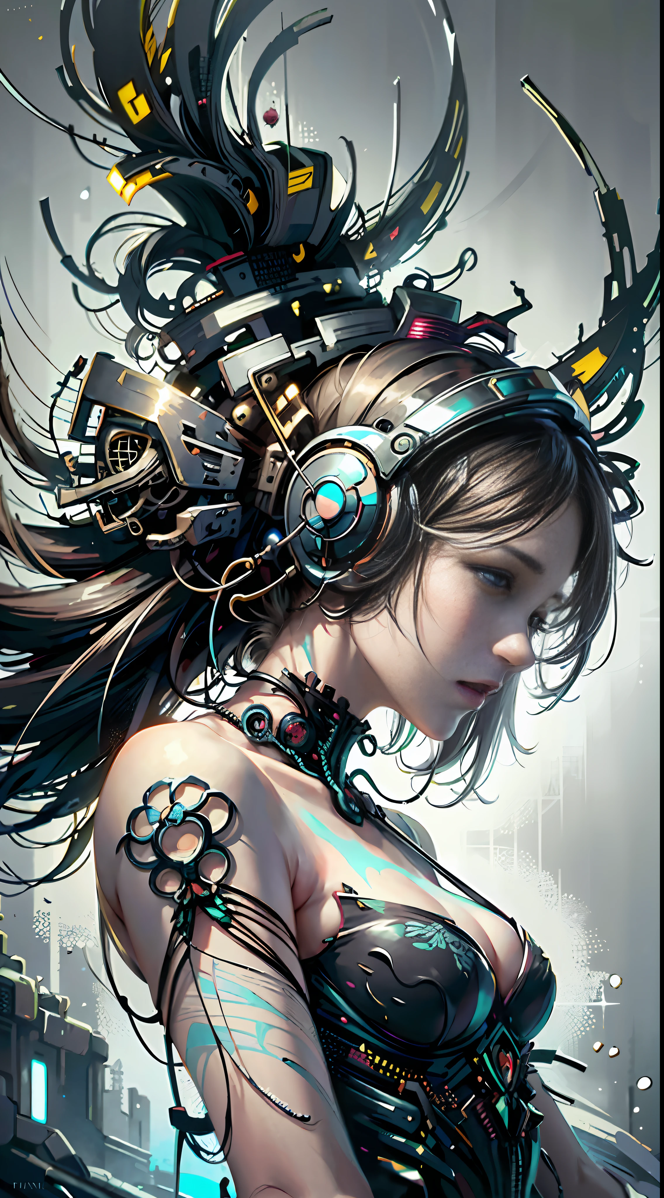 official art, unity 8k wallpaper, ultra detailed, beautiful and aesthetic, masterpiece, best quality, (zentangle, mandala, tangle, entangle), (fractal art:1.3) , 1girl, extremely detailed, dynamic angle, the most beautiful form of chaos, elegant, a brutalist designed, vivid colours, romanticism, by james jean, ross tran, francis bacon, michal mraz, adrian ghenie, petra cortright, gerhard richter, takato yamamoto, ashley wood, atmospheric, ecstasy of musical notes, streaming musical notes visible, robotic , weapon , headphone , cyber