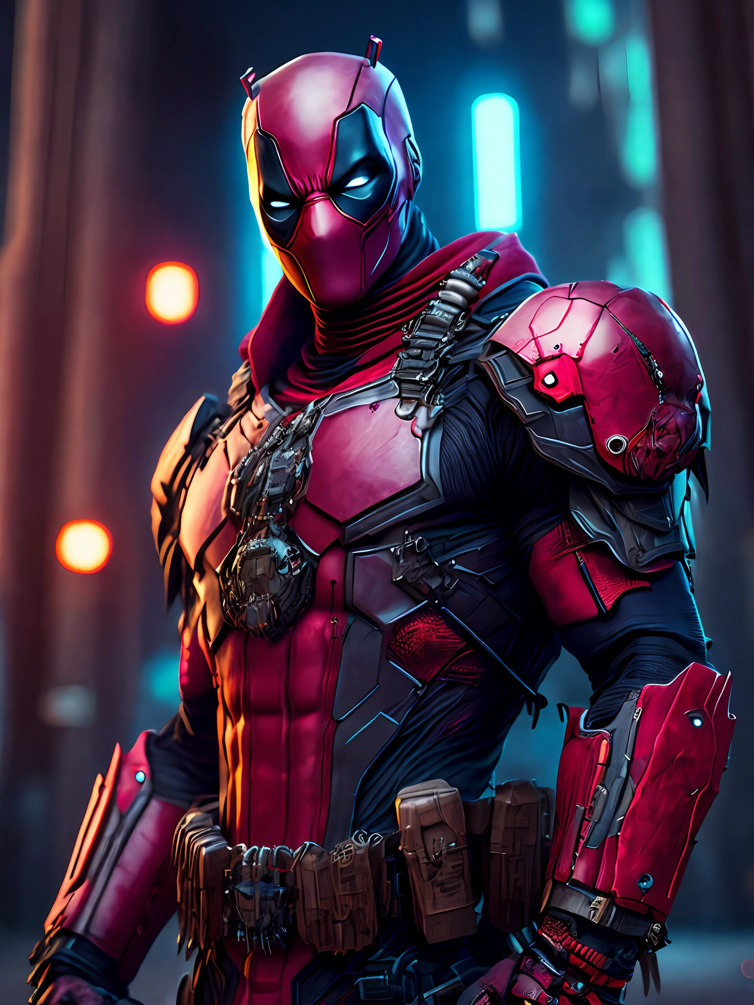 Portrait, Zombie Deadpool from Marvel, biomechanical, complex robot, full growth, hyper-realistic, insane small details, extremely clean lines, cyberpunk aesthetic, masterpiece featured on Zbrush Central, gothic brutalist cathedral, cyberpunk, award-winning photo, bokeh, neon lights, cybernetic limb