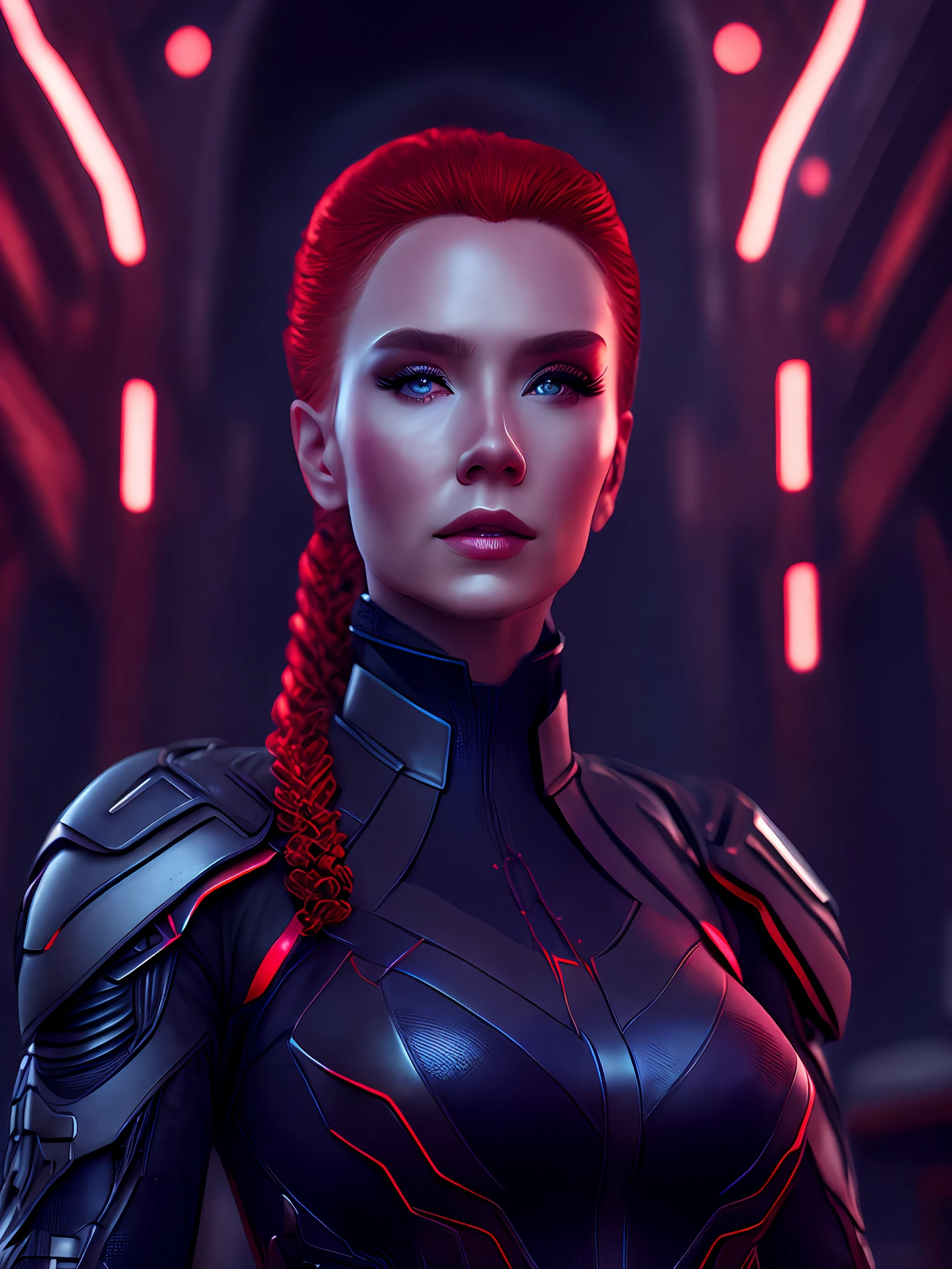 Portrait, Black Widow from Marvel, biomechanical, complex robot, full growth, hyperrealistic, insane small details, extremely clean lines, cyberpunk aesthetic, masterpiece featured on Zbrush Central, gothic brutalist cathedral, cyberpunk, award-winning photo, bokeh, neon lights, cybernetic limb