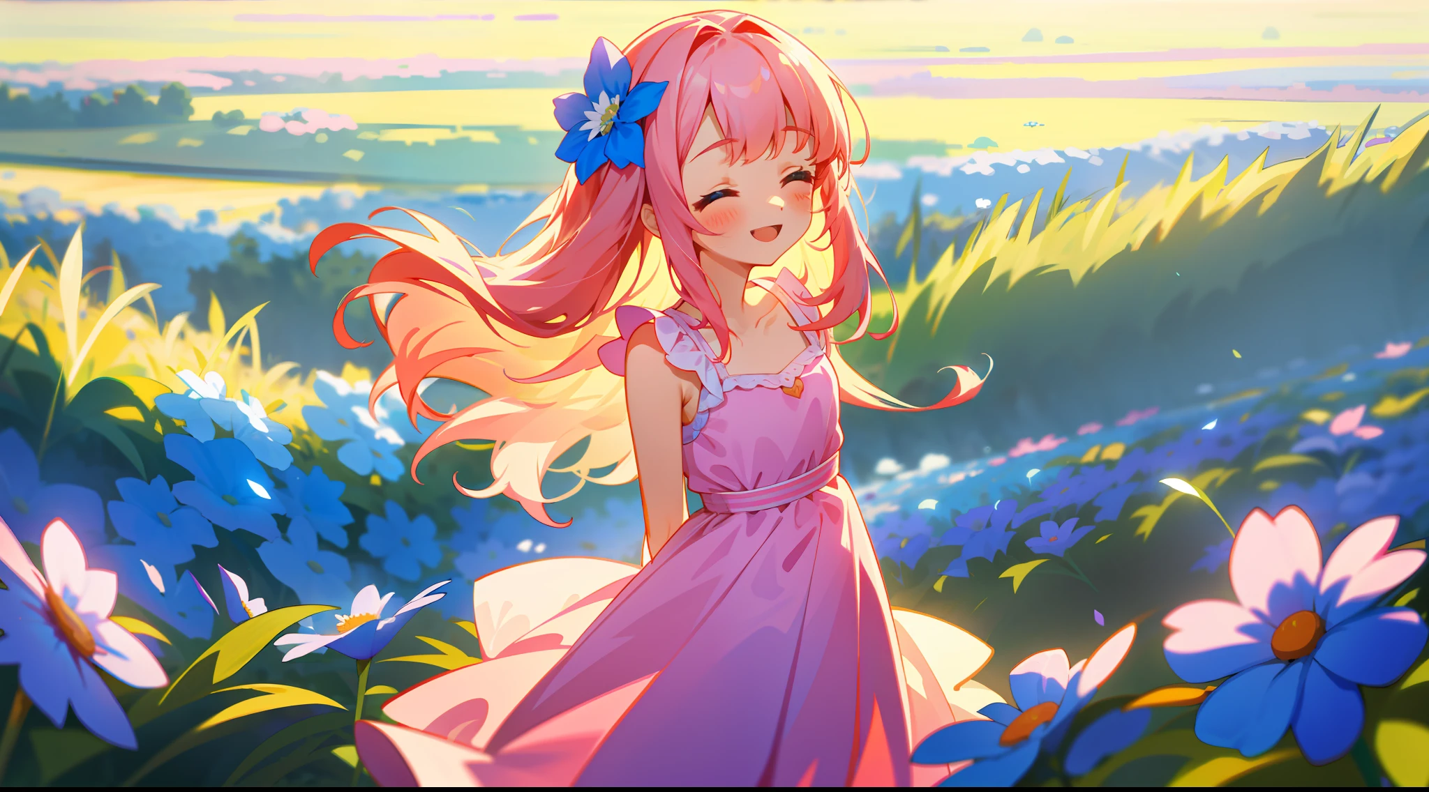 cowboy shot, upper body, far view, panorama, wide angle lens, depth of field, perspective, movie angle, arms behind back, masterpiece, best quality, super detailed, CG, 8K wallpaper, pretty face, delicate eyes, a girl, solo, pink hair, long hair, sun dress, hair flower, blue flower, flower field, sunlight, smile, happy, close eyes, cute, kawaii