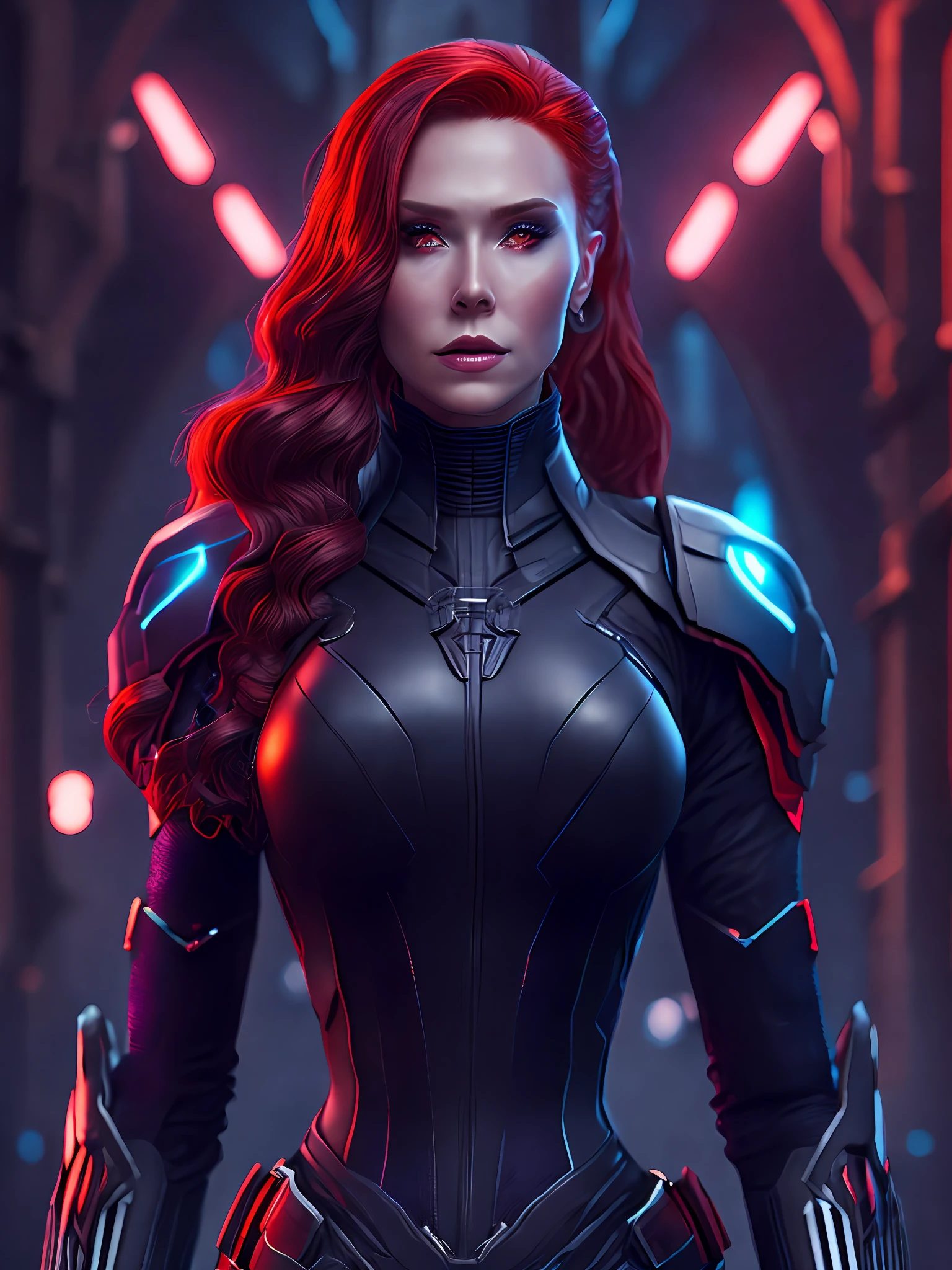 Portrait, Black Widow from Marvel, biomechanical, complex robot, full growth, hyperrealistic, insane small details, extremely clean lines, cyberpunk aesthetic, masterpiece featured on Zbrush Central, gothic brutalist cathedral, cyberpunk, award-winning photo, bokeh, neon lights, cybernetic limb