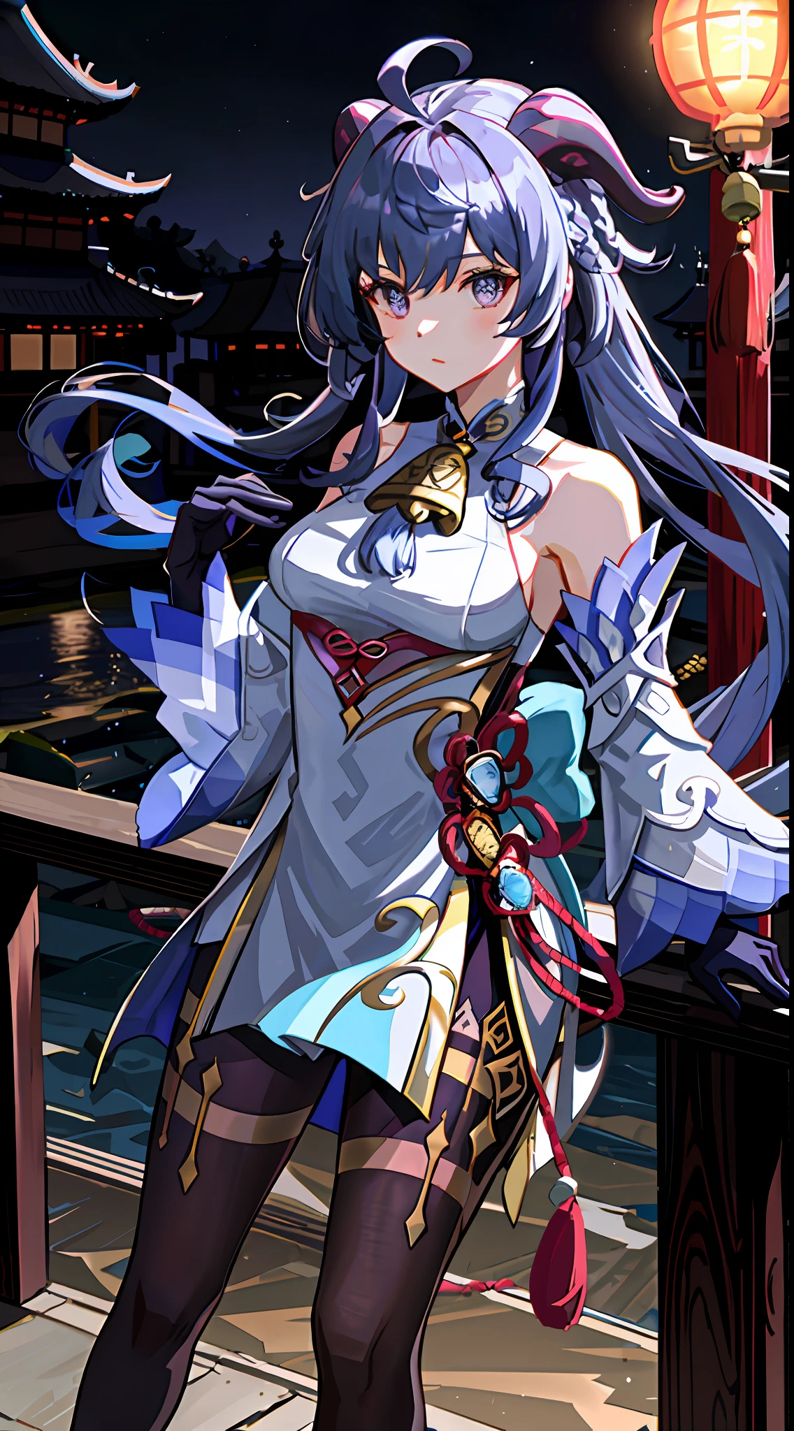 ganyu\(genshin impact\), 1girl, ahoge, architecture, bangs, bare shoulders, bell, black gloves, black tights, ((blue hair)), blush, breasts, chinese knot, sleeves, East Asian architecture, flower knot, gloves, horns, purple hair, long hair, purple hair, looking at the audience, mid-chest, neckbell, night, outdoors, pantyhose, purple eyes, sideburns, solo, tassels, white sleeves, ((masterpiece))