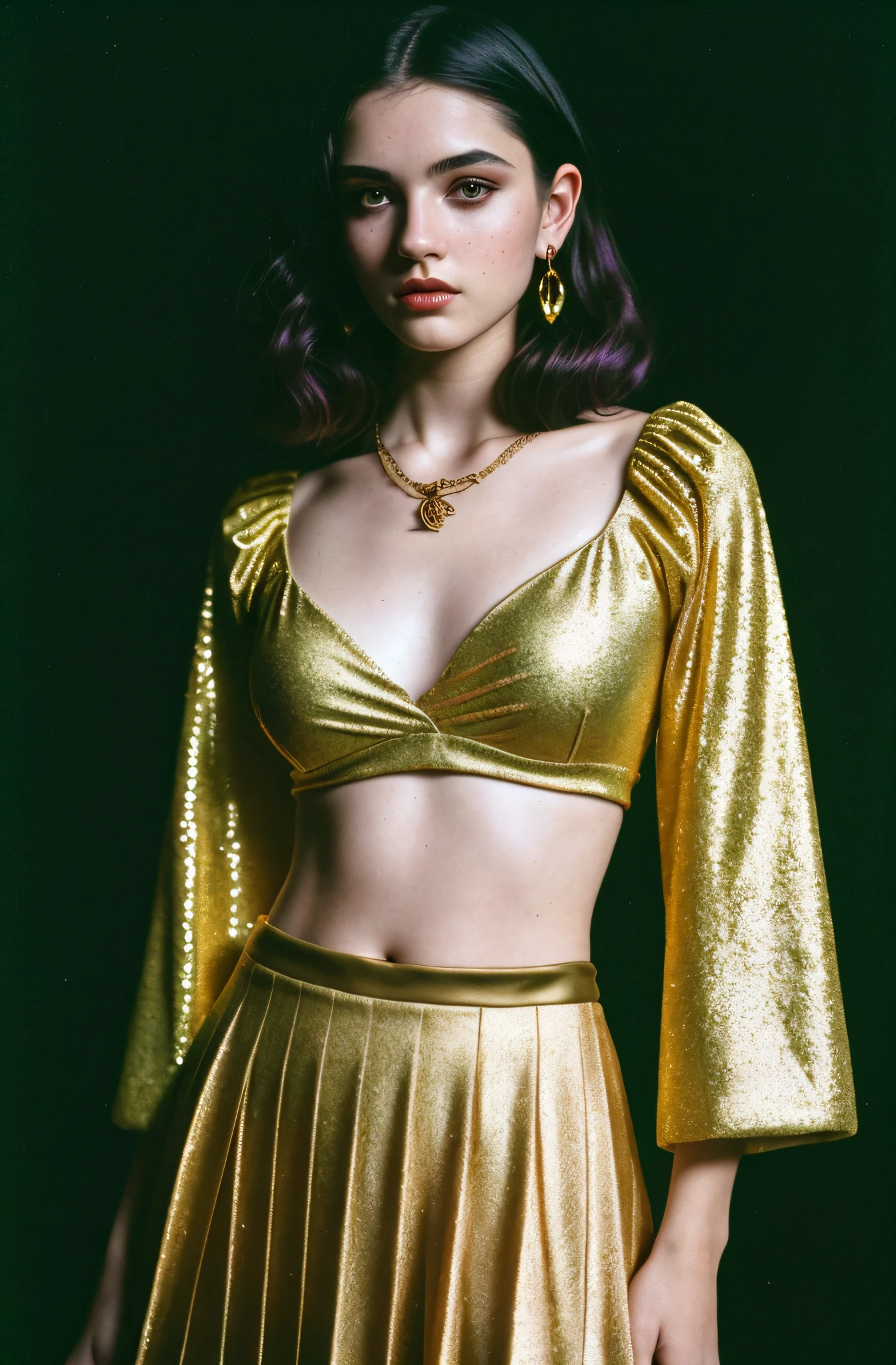 (full length editorial photograph of a 18 yo woman), (highly detailed face:1.4) (smile:0.4) short wavy dark hair, golden jewelled necklace pendant, smooth pale white skin, tight iridescent crop top short pleated roman skirt, (background inside dark, moody, private study:1.3) nikon d850, film stock photograph ,4 kodak portra 400 ,camera f1.6 lens ,rich colors ,lifelike texture, dramatic lighting , cinestill 800, erotic, gothic, cyberpunk