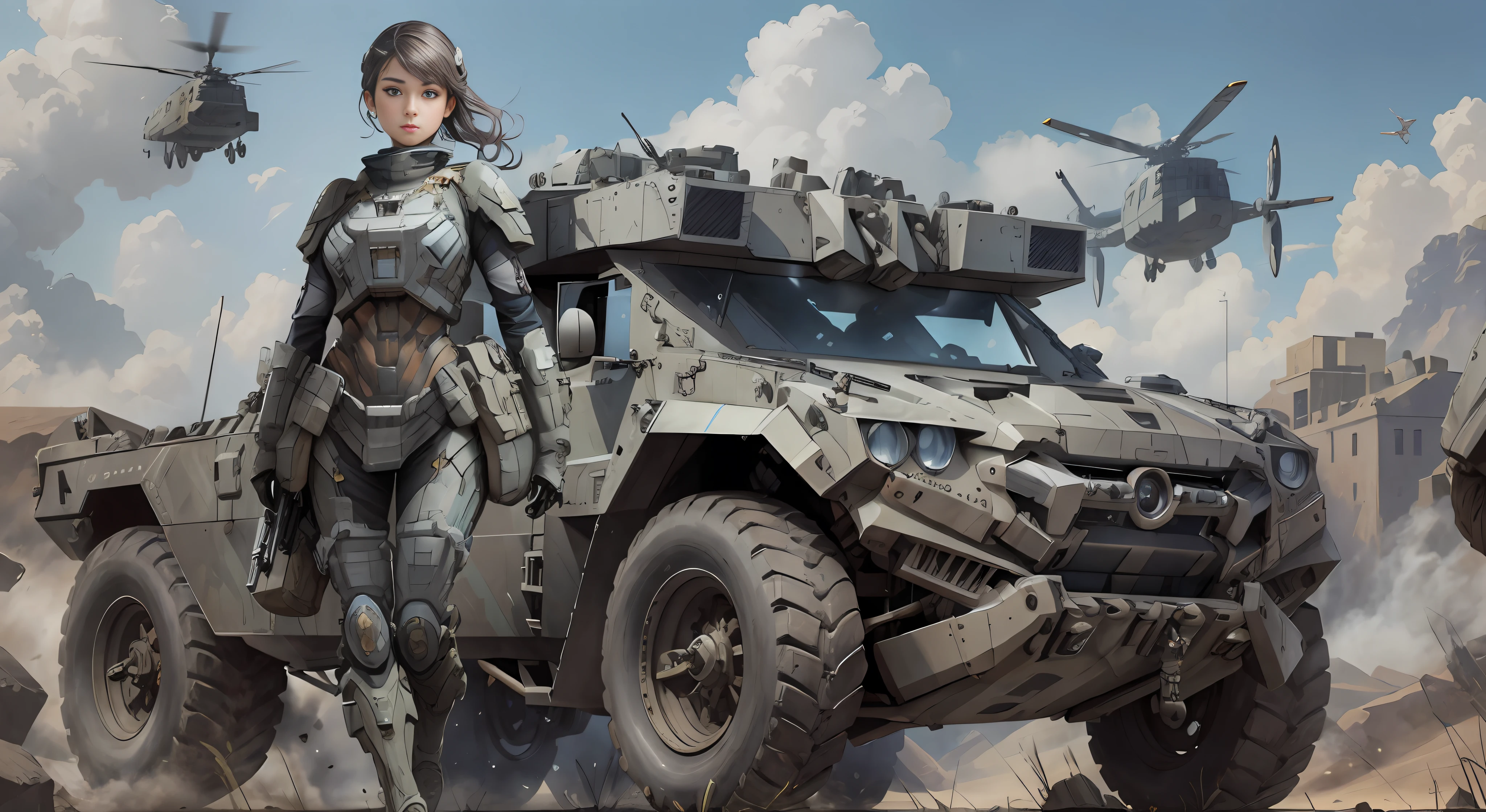 High quality digital concept art, mechanized Valkyrie girl, standing next to digital armored car, mechanized soldier girl, perfect facial features, double eyelids, long eyelashes, clear texture of skin, pores and abs, bright eyes.