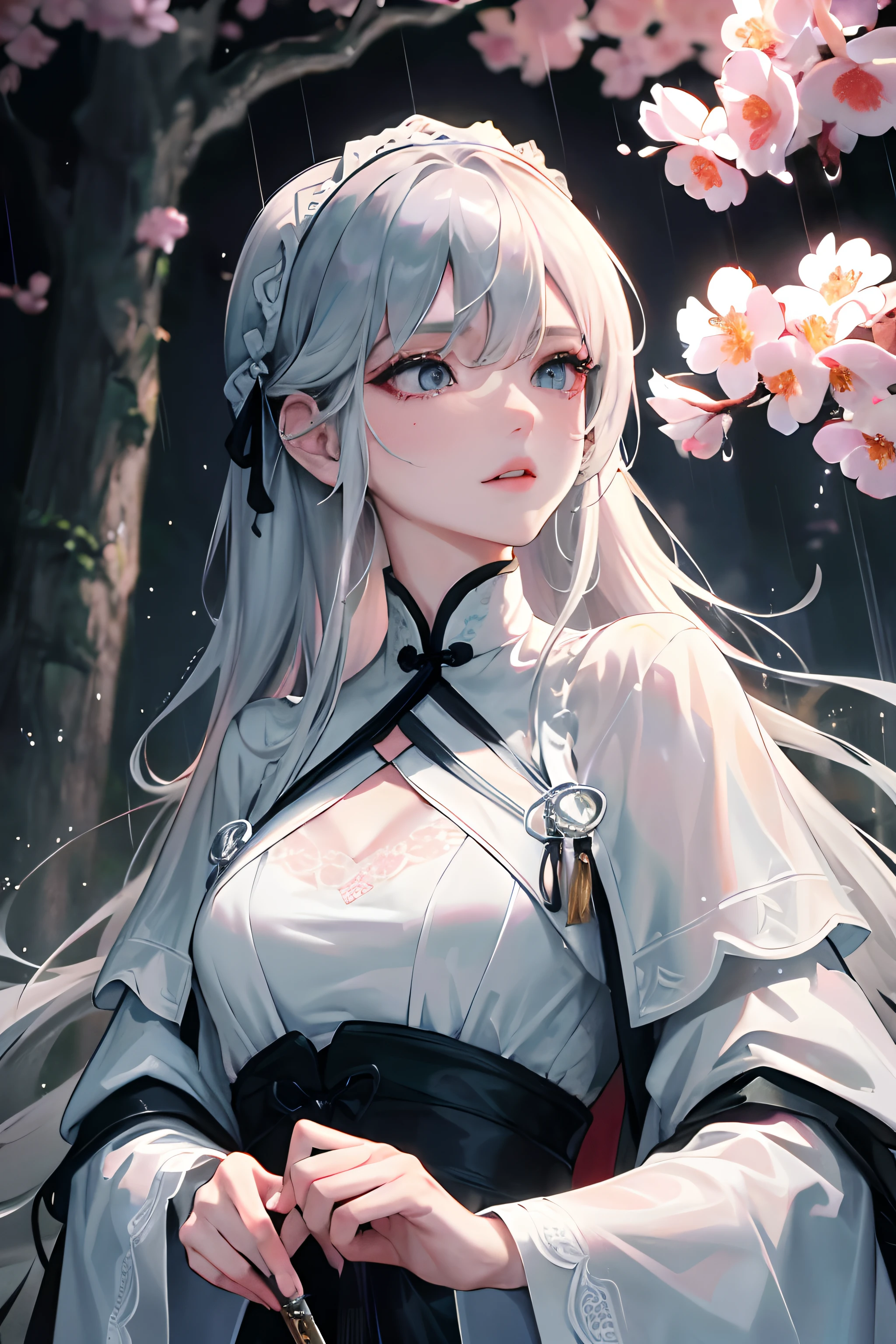 Masterpiece, best quality, night, outdoors, rainy days, lakeside, branches, Chinese style, 1 woman, mature woman, imperial sister, sister, silver white long haired woman, gray blue eyes, light pink lips, cold, serious, weak, bangs, assassins, short knives, white clothes, black clothing patterns, blood stains, blood, injuries, rain, raindrops, delicate facial features, delicate facial features,