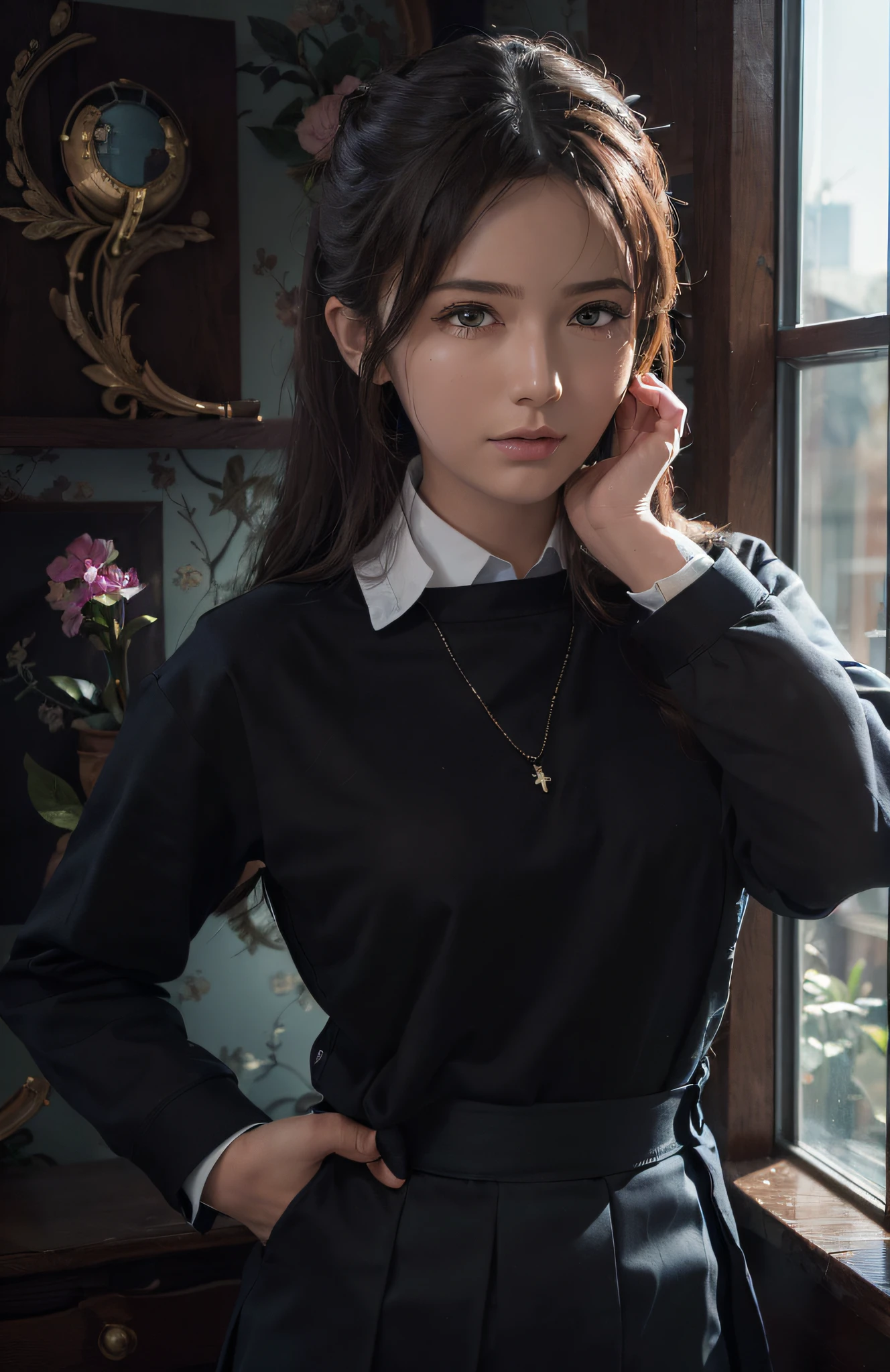 (hyperrealistic), (8K), (extremely detailed), (best illustration), (beautiful detailed eyes), (best quality), (ultra-detailed), (masterpiece), (wallpaper), (detailed face), solo, 1 girl, one-hour drawing challenge, wet sweat, (school uniform:1.3), looking at the audience, exquisite details, detailed faces, ,pureerosfaceace_ v1,