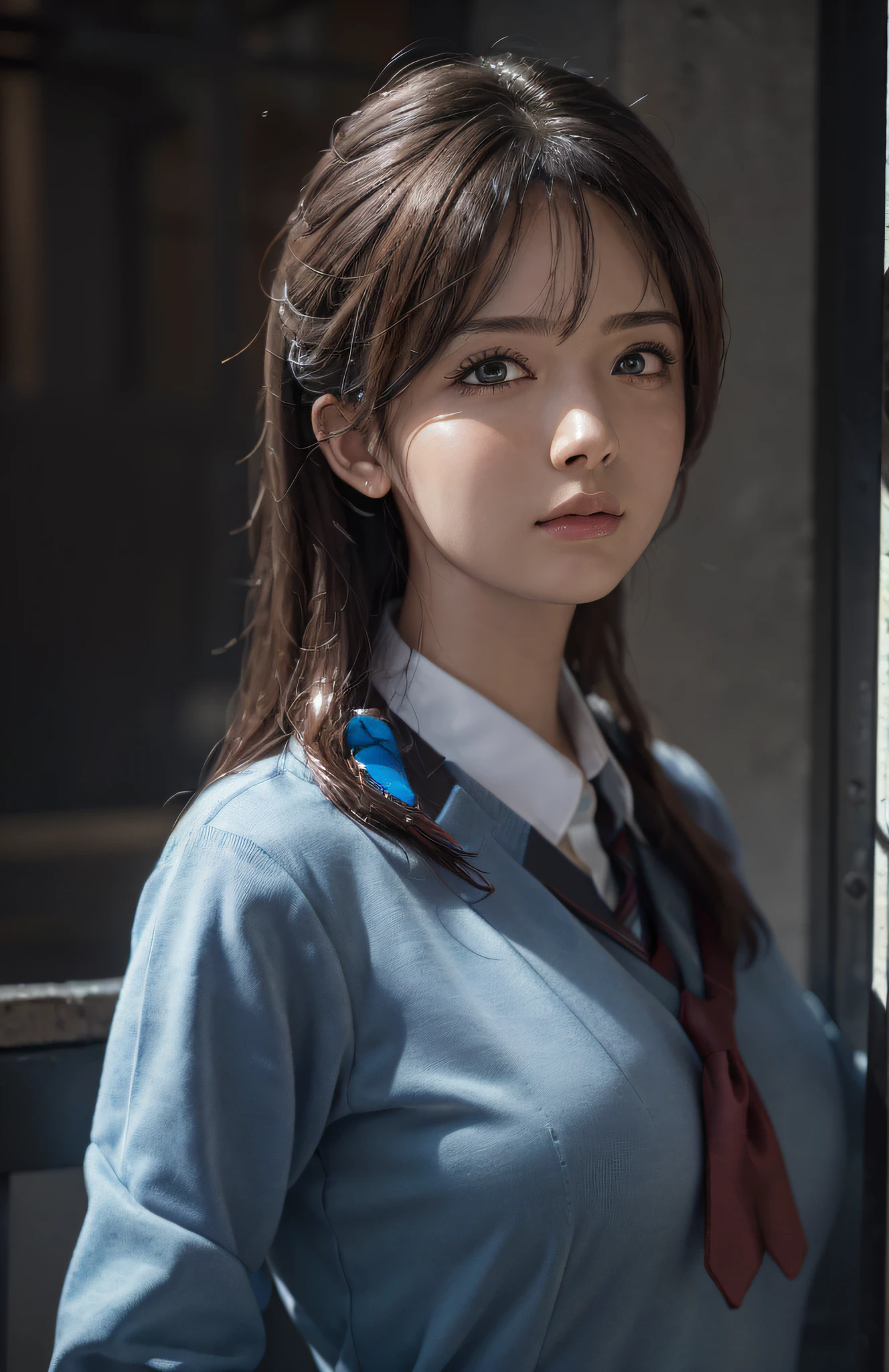 (hyperrealistic), (8K), (extremely detailed), (best illustration), (beautiful detailed eyes), (best quality), (ultra-detailed), (masterpiece), (wallpaper), (detailed face), solo, 1 girl, one-hour drawing challenge, wet sweat, (school uniform:1.3), looking at the audience, exquisite details, detailed faces, ,pureerosfaceace_ v1,