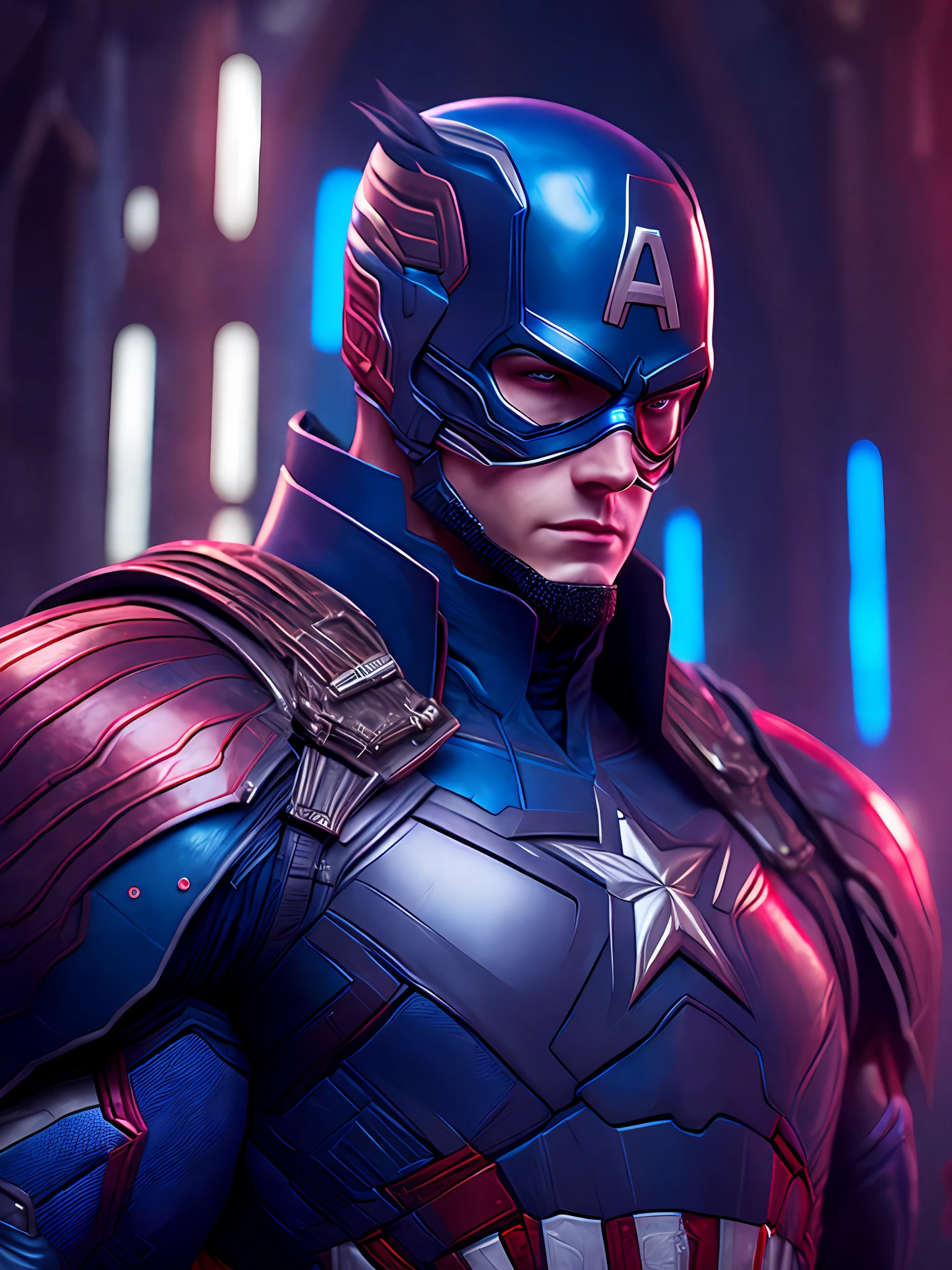 Portrait, Captain America from Marvel, biomechanical, complex robot, full growth, hyper-realistic, insane small details, extremely clean lines, cyberpunk aesthetic, masterpiece featured at Zbrush Central, gothic brutalist cathedral, cyberpunk, award-winning photo, bokeh, neon lights, cybernetic limb