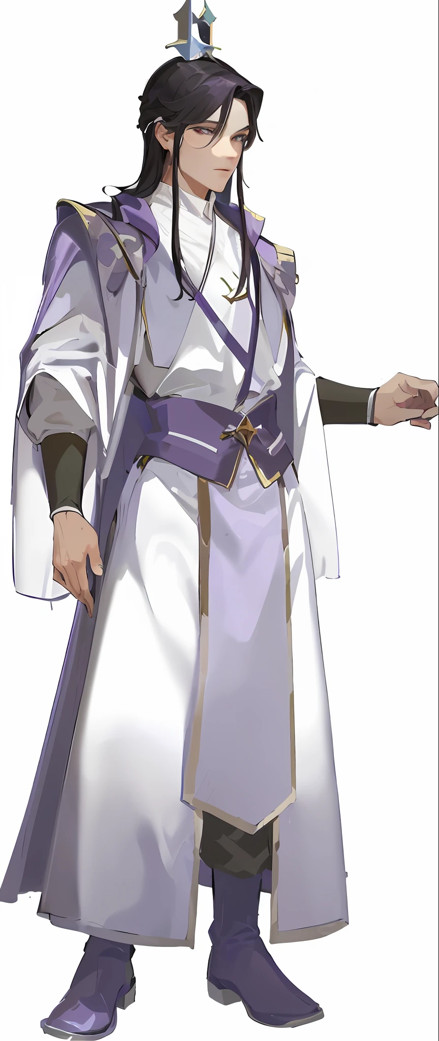 a cartoon image of a man in a purple and white outfit, full body white purple cloak, picture of a male cleric, full body purple and white cloak, full portrait of elementalist, lance, ((wearing aristocrat robe)), flowing white robes, dressed like a cleric, white cloak, wearing star filled mage robes, cloud mage robes