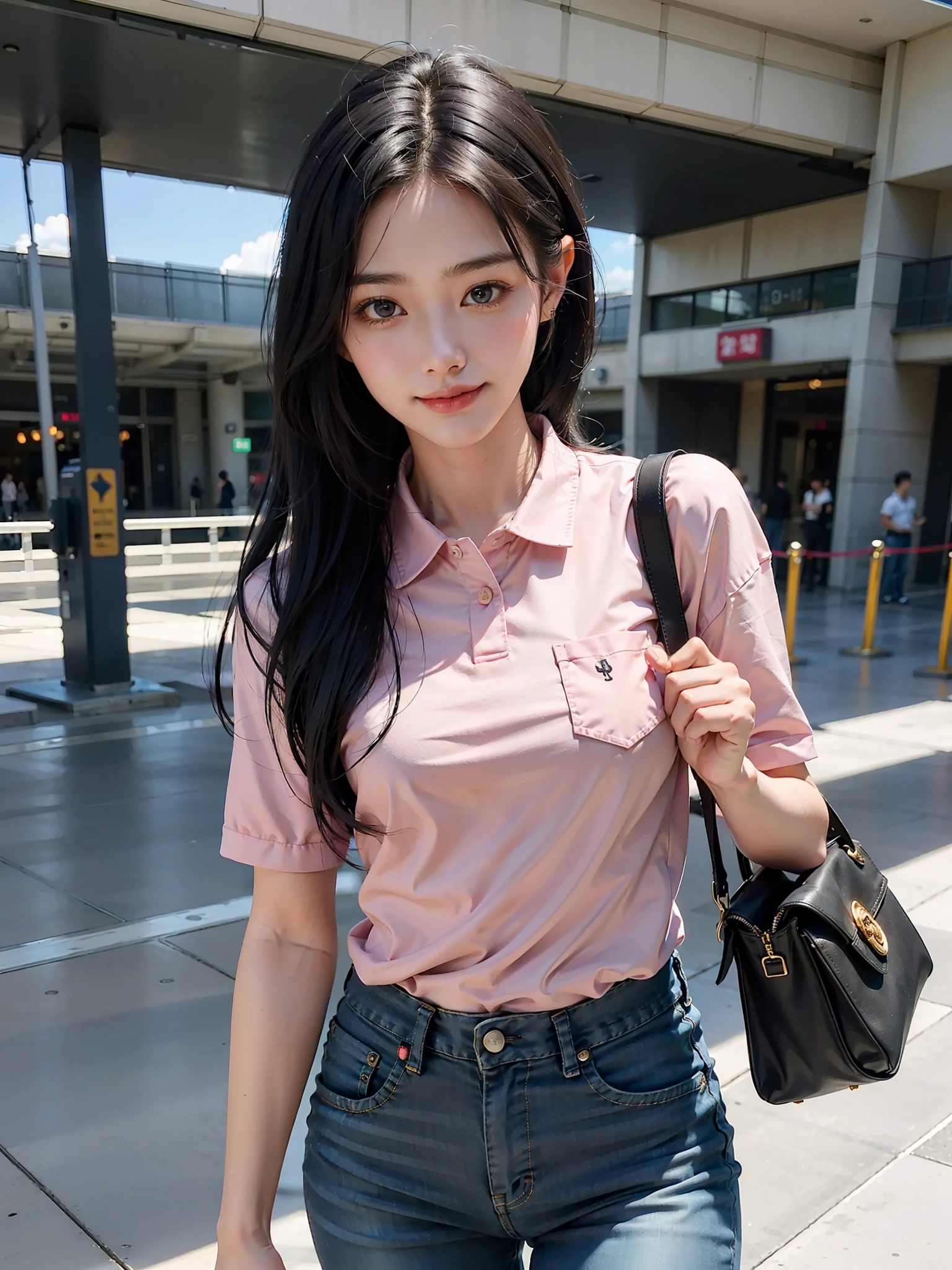 1 girl, (black hair semi-long) (beautiful hair), pink polo shirt (cotton fabric), denim pants, actress, light smile, shiny skin
Best quality, masterpiece, (photorealistic: 1.4), in the airport, black leather bag (small)