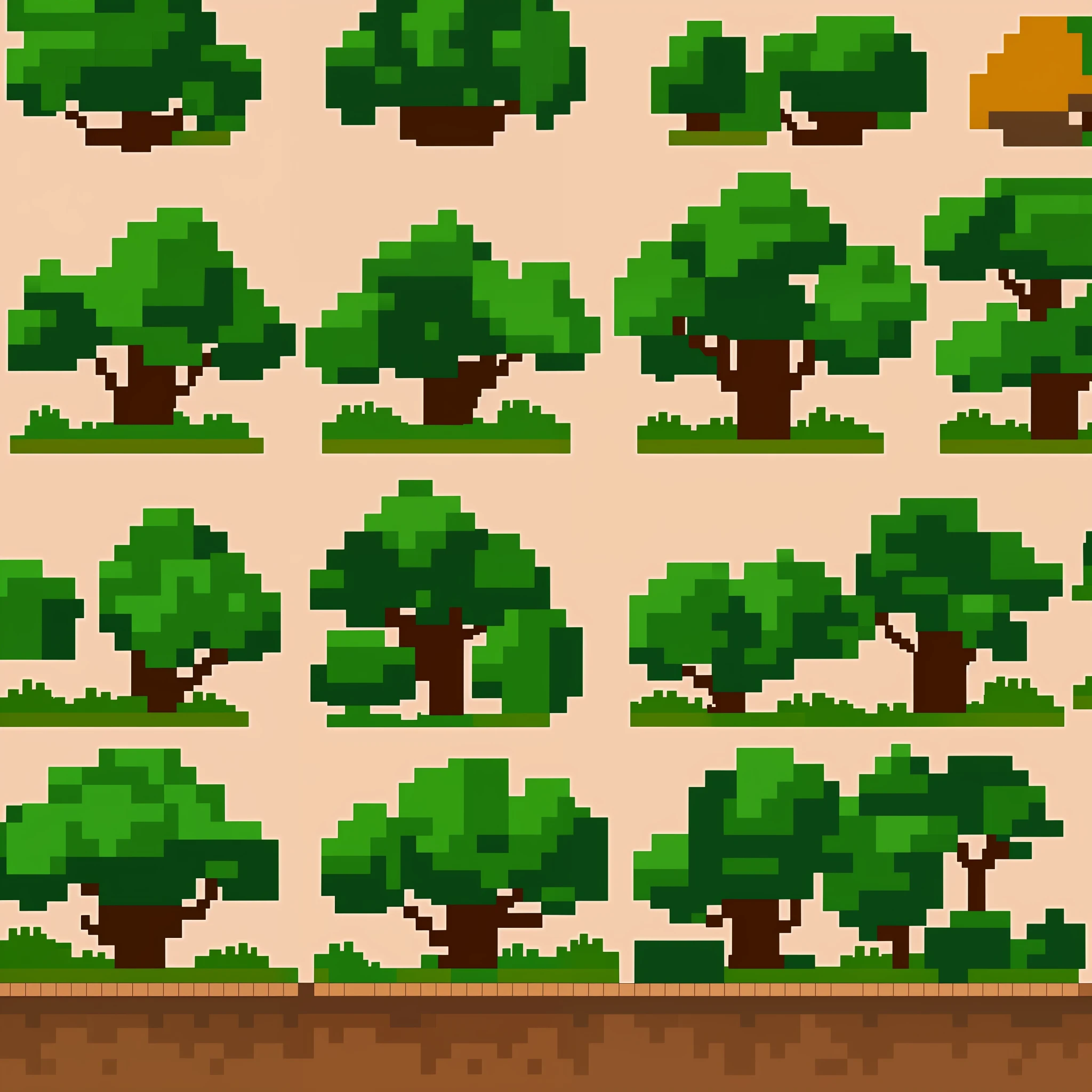 a survival roleplay game assets trees and brunch model spritesheet tiles, right side view, pixel art, hq